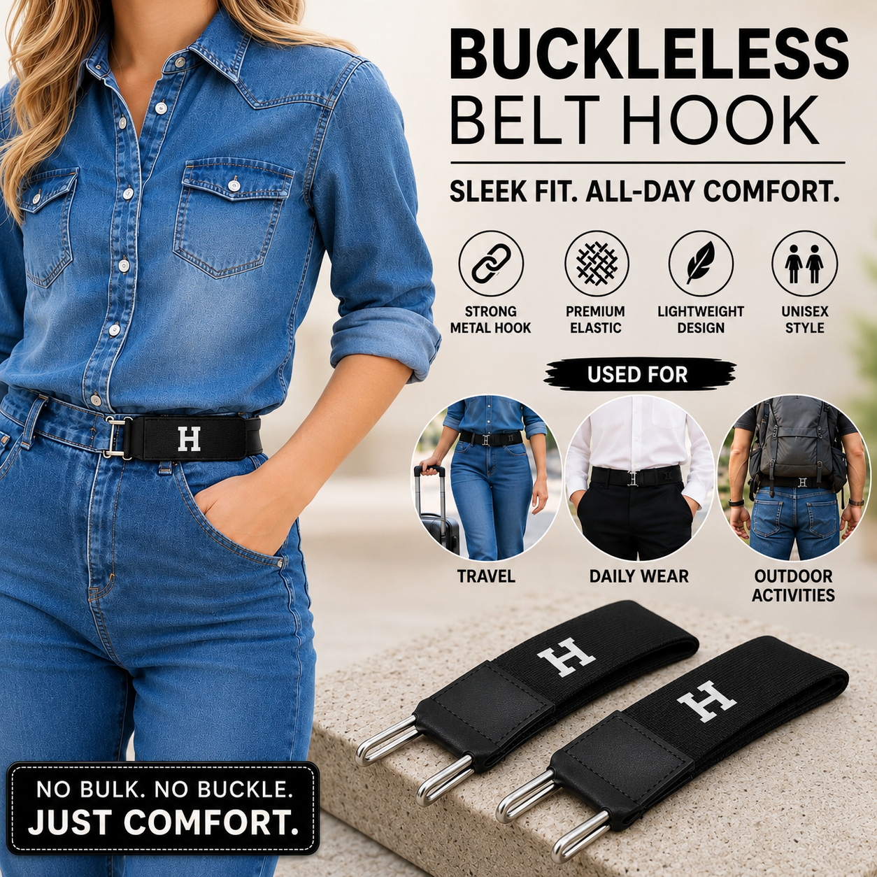 Pair Of Adjustable Buckleless Elastic Waist Belt with Metal Hooks - Unisex Design thumbnail 4