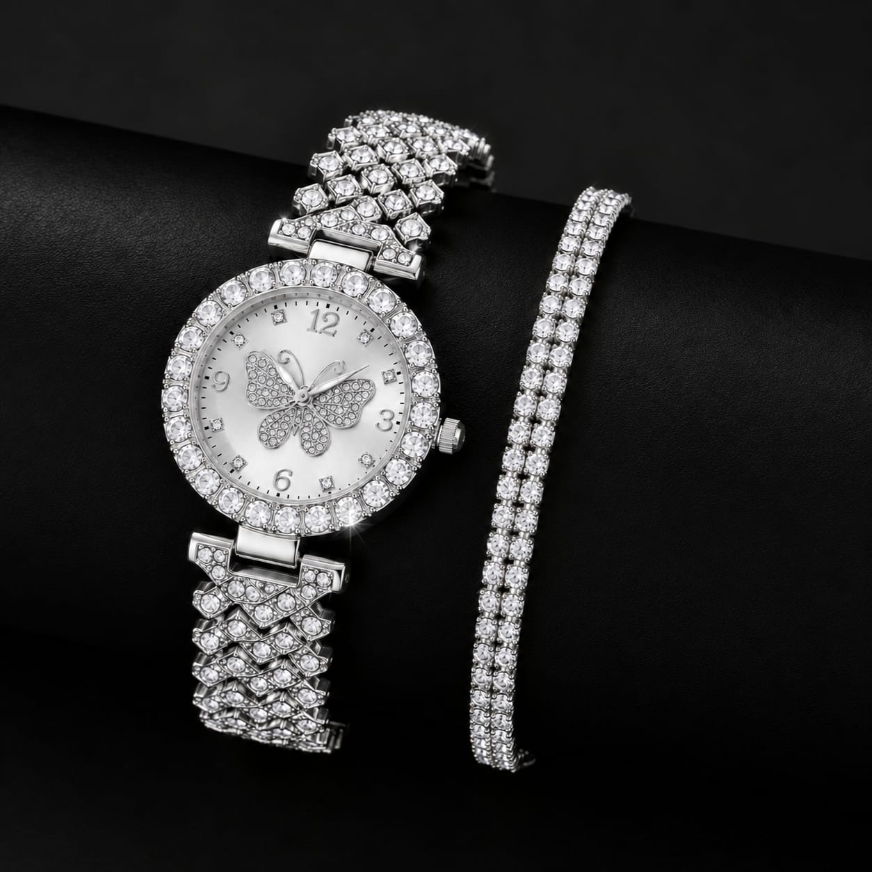 Women's Butterfly Decorative Dial Quartz Watch with 2-Layer Bracelet Set