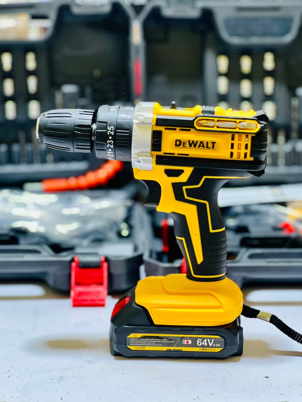 DeWalt 64V Cordless Drill Machine With 2 Lithium-Ion Batteries Charger 20-Piece Drill Bits Screwdriver Heads And Extender Kit thumbnail 2
