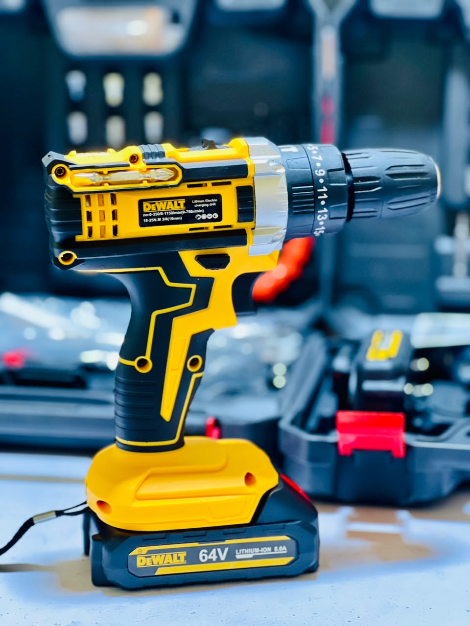 DeWalt 64V Cordless Drill Machine With 2 Lithium-Ion Batteries Charger 20-Piece Drill Bits Screwdriver Heads And Extender Kit thumbnail 5
