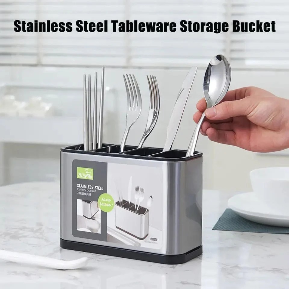 Stainless Steel Cutlery Bucket Durable Easy To Clean Organizer For Spoons Forks Knives Space Saving Kitchen Counter Storage thumbnail 4