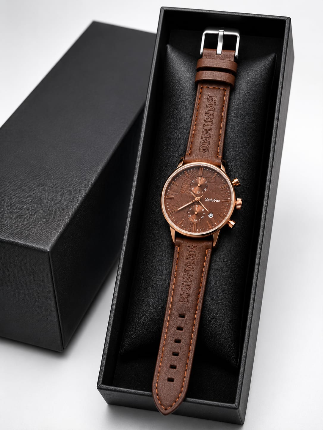 Beisheng Men's Leather Strap Watch  Perfect for formal and casual occasions - Brown view 3