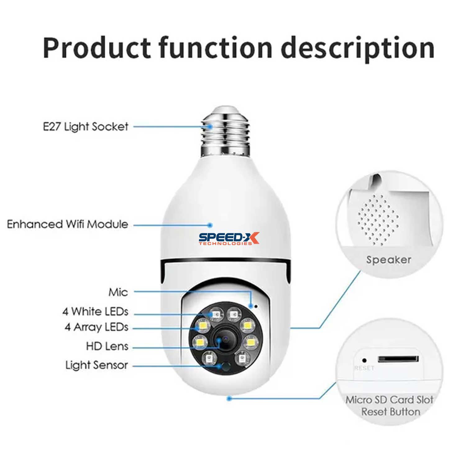 Speed-x SP-E27 Bulb Camera 1080P Wifi 360 Degree Panoramic Night Vision thumbnail 3
