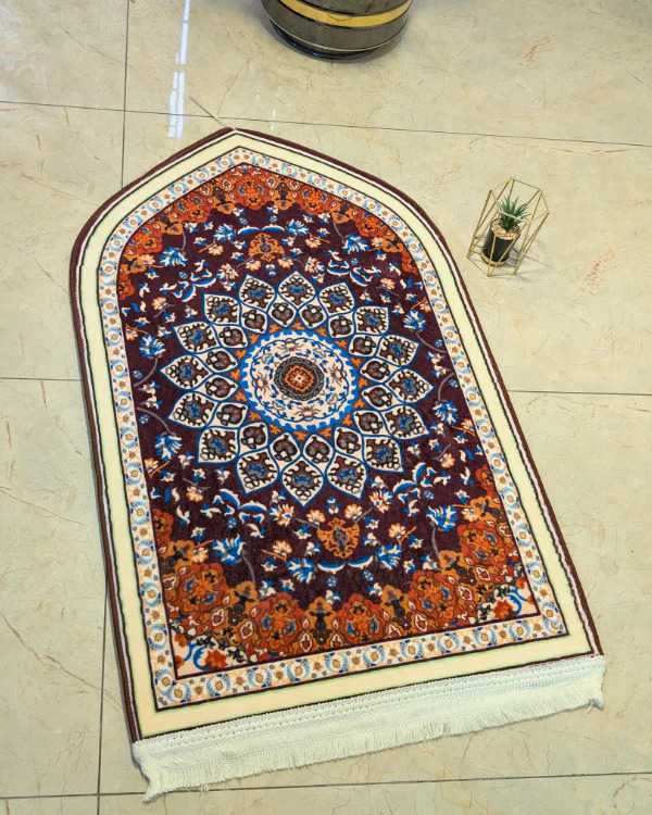 Traditional Moroccan Dome Arch Janamaz – Dark Plum & Rust 70x115 cm | Islamic Prayer Mat thumbnail 3