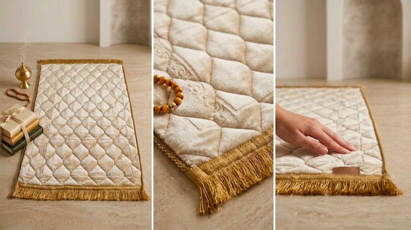 Royal Cream Embossed Velvet Prayer Mat (Janamaz) thumbnail 2