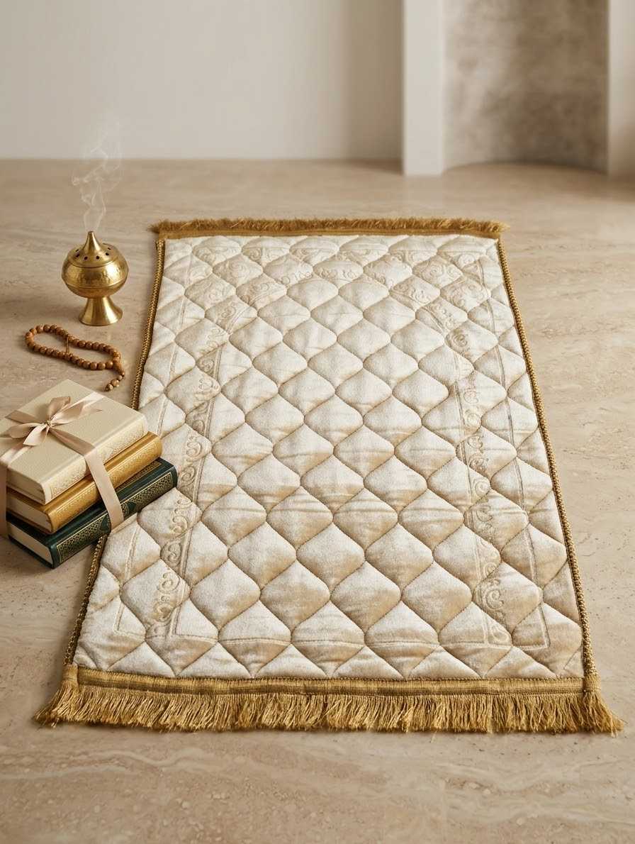 Royal Cream Embossed Velvet Prayer Mat (Janamaz) thumbnail 4