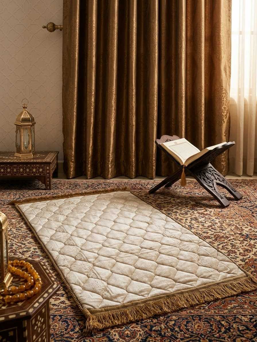 Royal Cream Embossed Velvet Prayer Mat (Janamaz) thumbnail 3