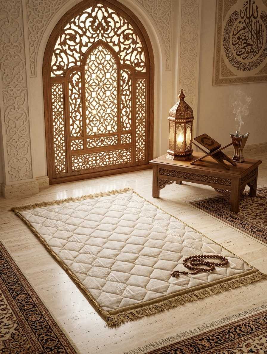 Royal Cream Embossed Velvet Prayer Mat (Janamaz) thumbnail 5