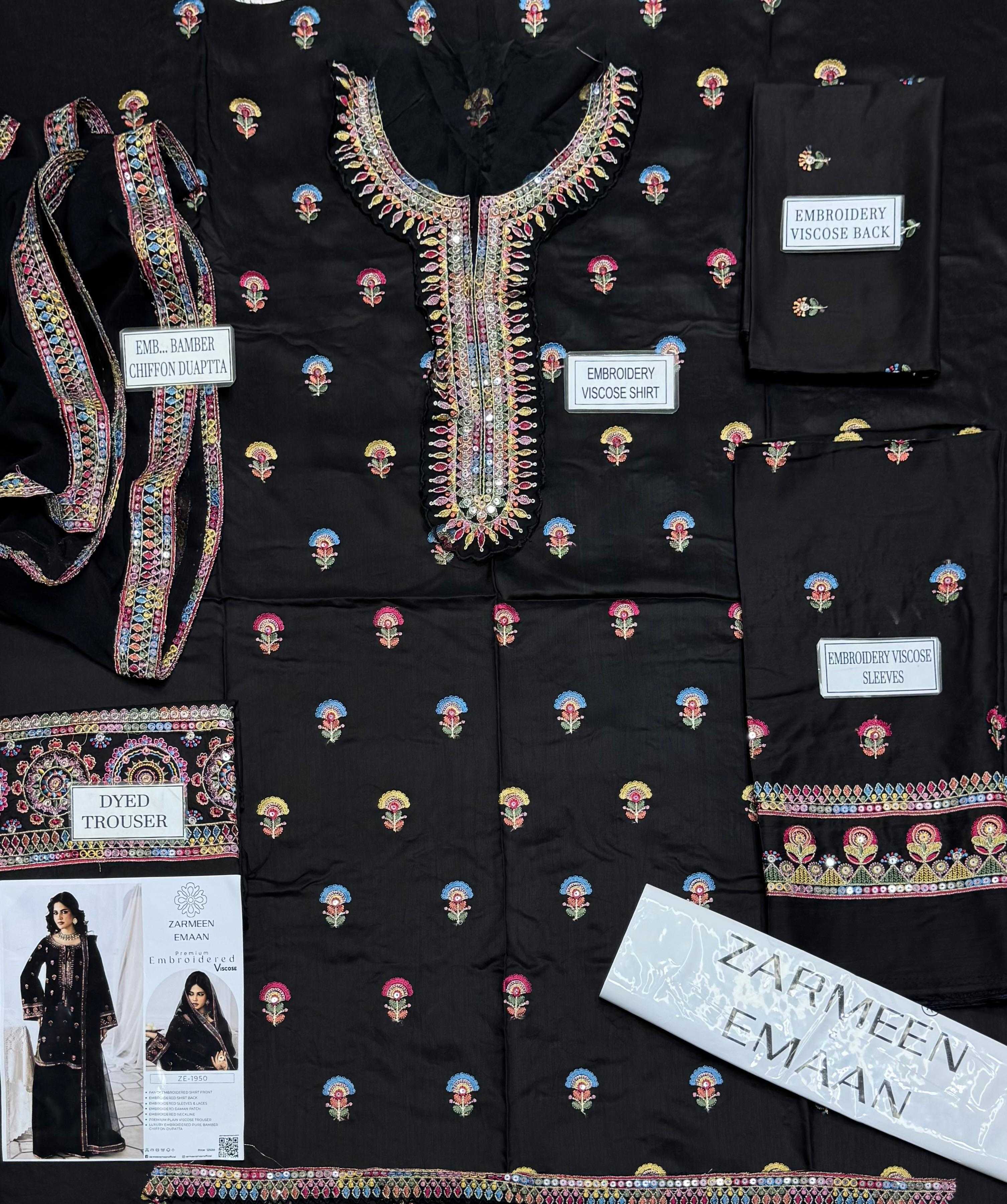 Zarmeen Emaan Artical-950 Fancy Embroidered Shirt Front Back Sleeves Laces Daman Patch Neckline With Premium Viscose Trouser And Pure Bamber Chiffon Dupatta thumbnail 2