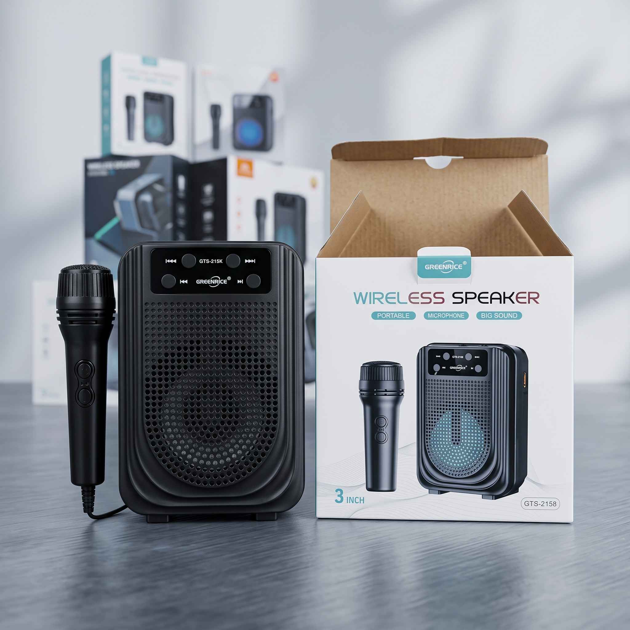 GTS-2158 Portable Wireless Bluetooth Speaker with Wireless Karaoke Microphone – 3-Inch Driver, Powerful Bass, RGB LED Light, USB/TF Card Reader