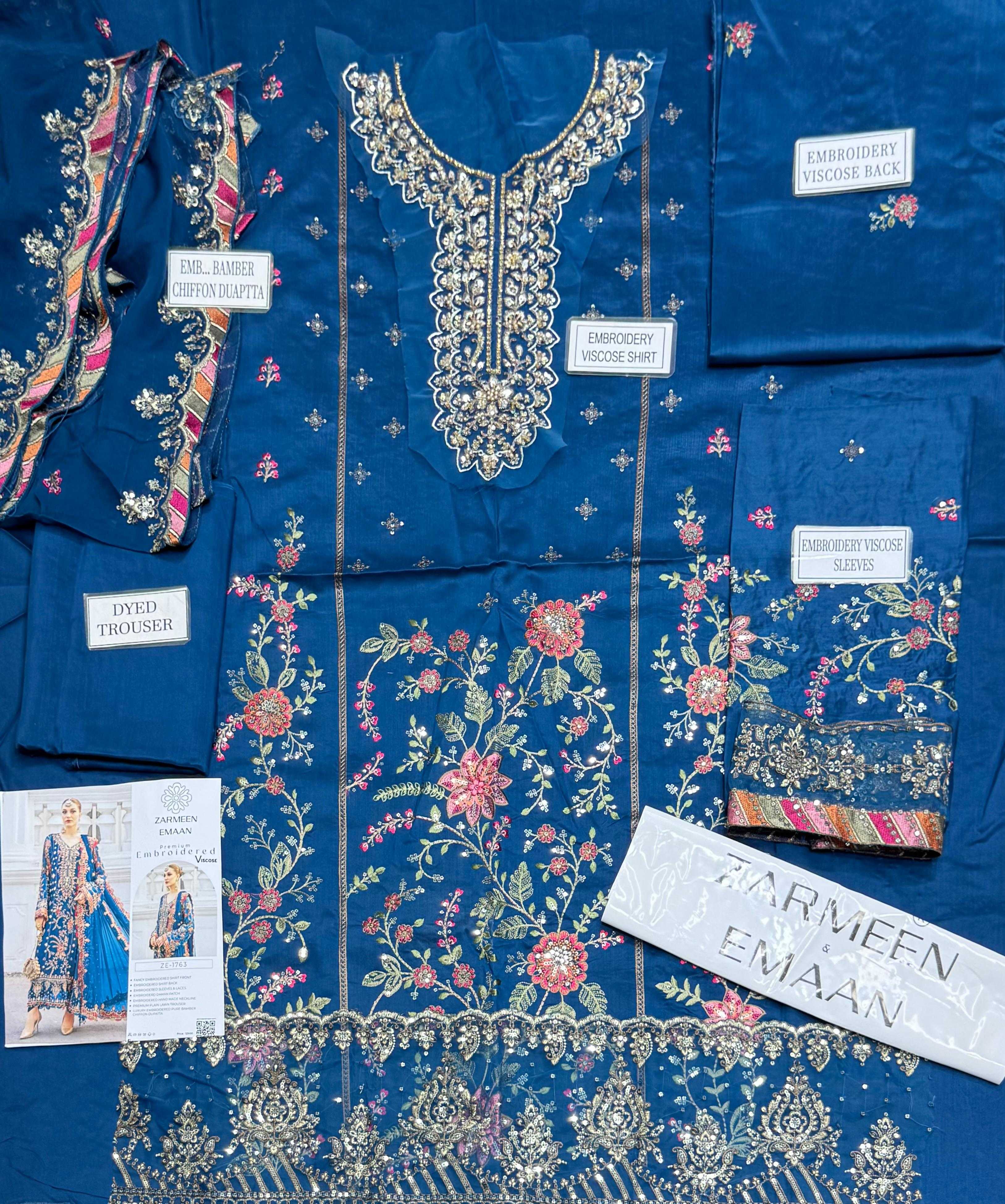 Zarmeen Emaan Fancy Embroidered Shirt Front Back Sleeves Laces Daman Patch Handmade Neckline With Lawn Trouser And Pure Bamber Chiffon Dupatta