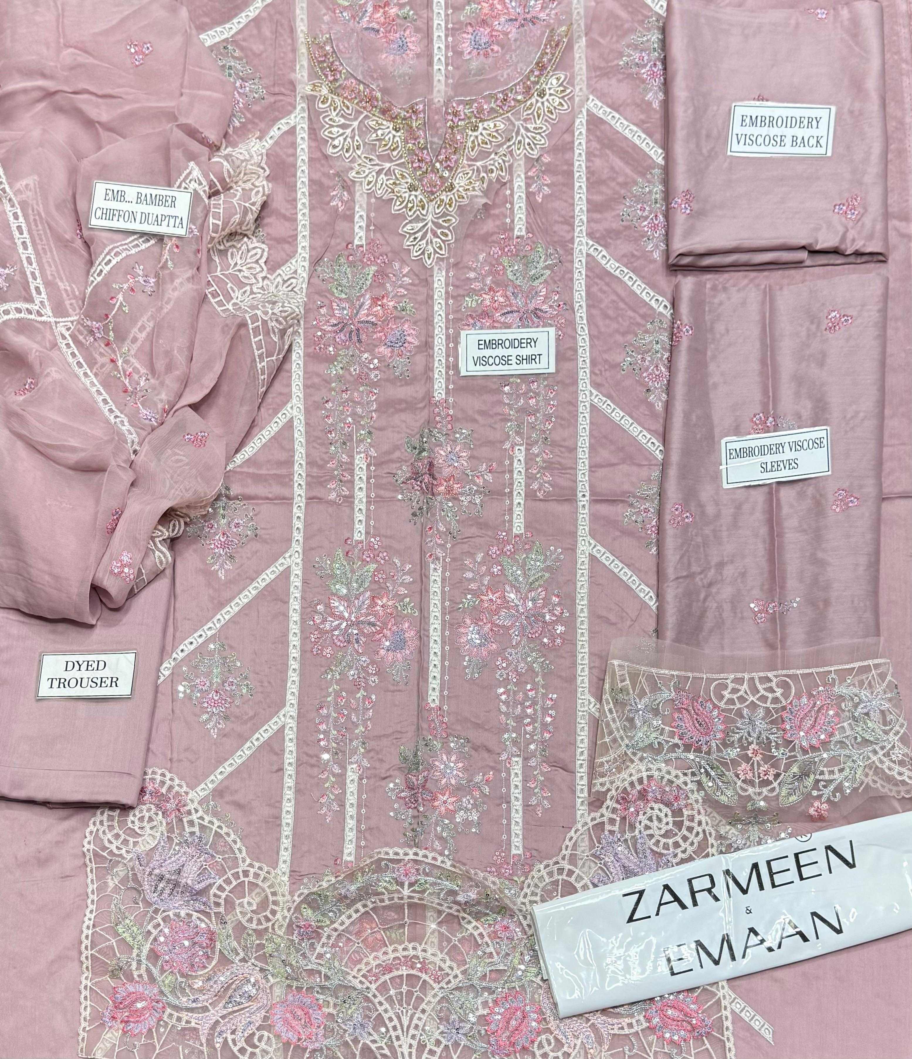Zarmeen Emaan Article 1776 Luxury Embroidered Shirt Front Back Sleeves Neckline Daman Patch Premium Viscose Trouser Pure Bamber Chiffon Dupatta thumbnail 2