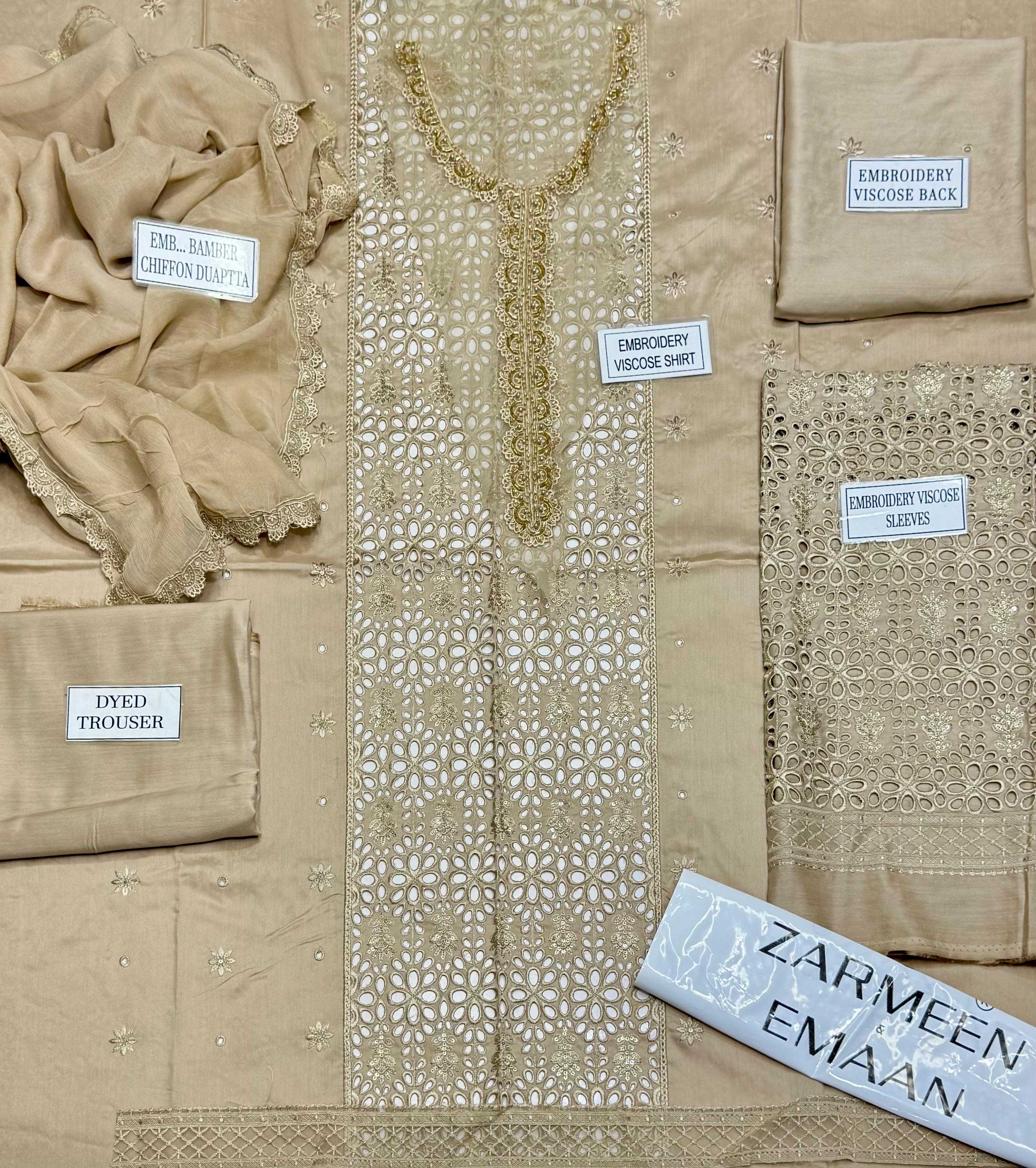 Zarmeen Emaan Article 934 Luxury Embroidered Shirt Front Back Sleeves Neckline Daman Patch Premium Viscose Trouser Pure Bamber Chiffon Dupatta thumbnail 2