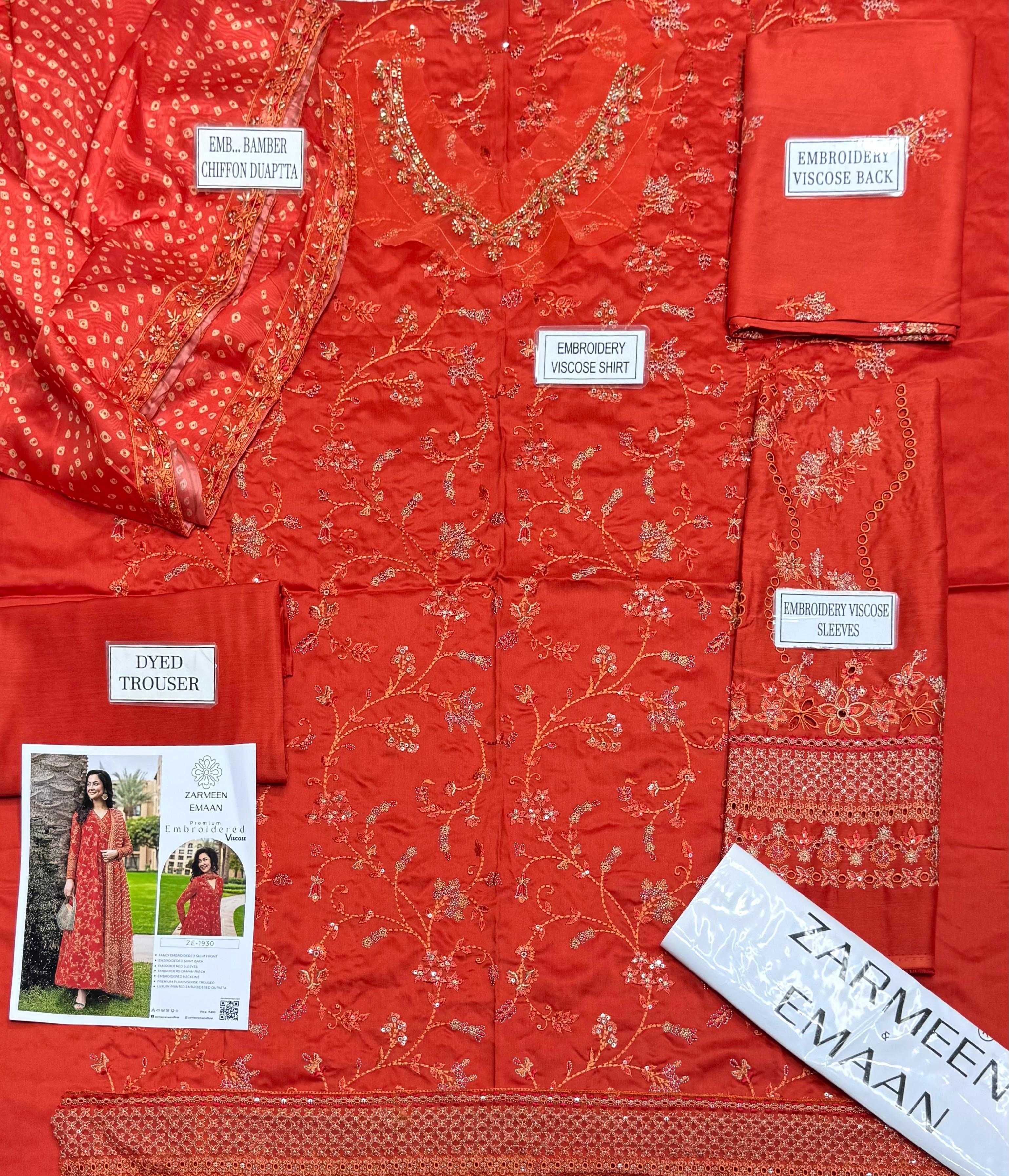 Zarmeen Emaan Fancy Embroidered Shirt Front Back Sleeves Daman Patch Neckline With Premium Viscose Trouser And Printed Embroidered Dupatta thumbnail 2
