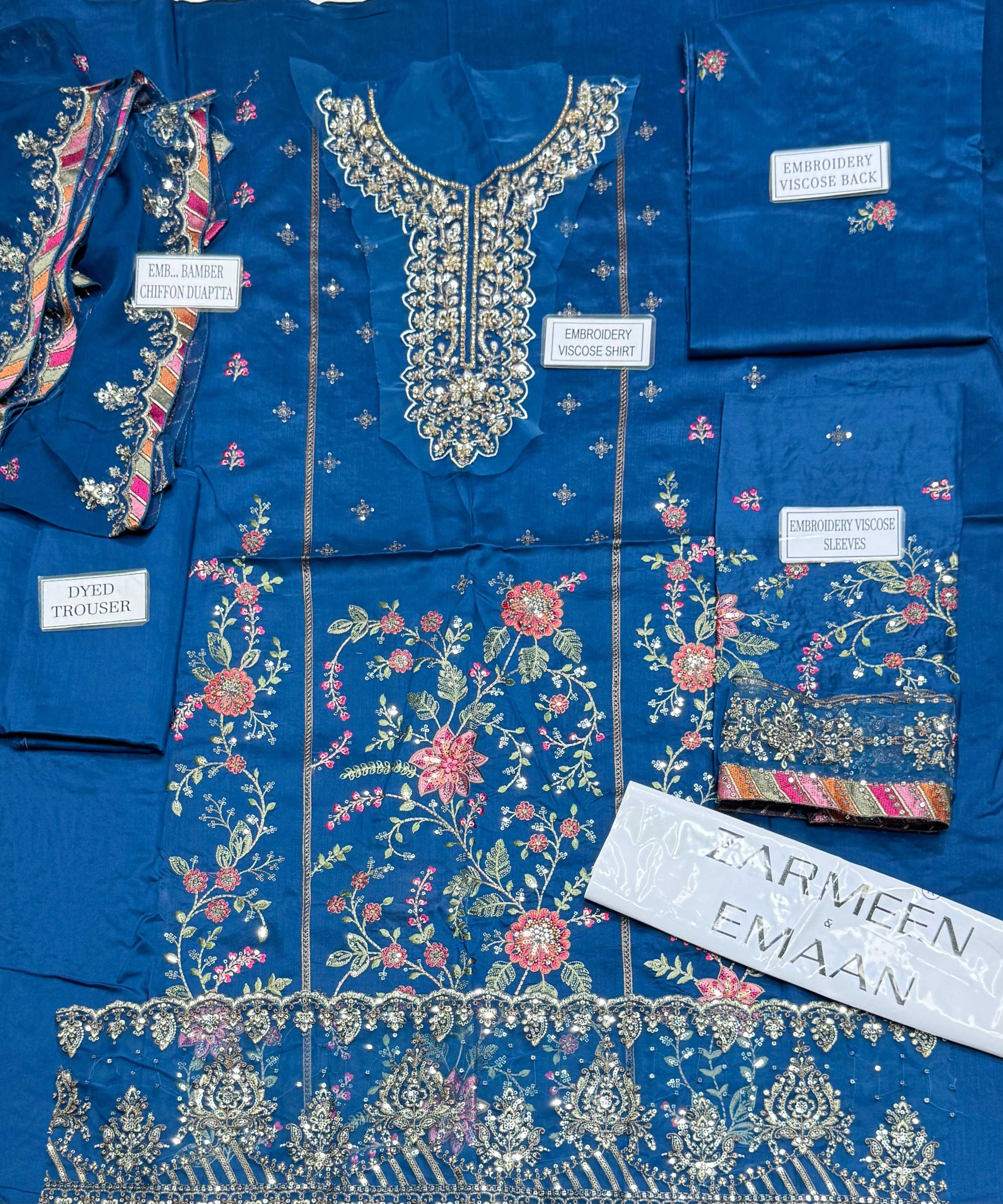 Zarmeen Emaan Fancy Embroidered Shirt Front Back Sleeves Laces Daman Patch Handmade Neckline With Lawn Trouser And Pure Bamber Chiffon Dupatta thumbnail 2