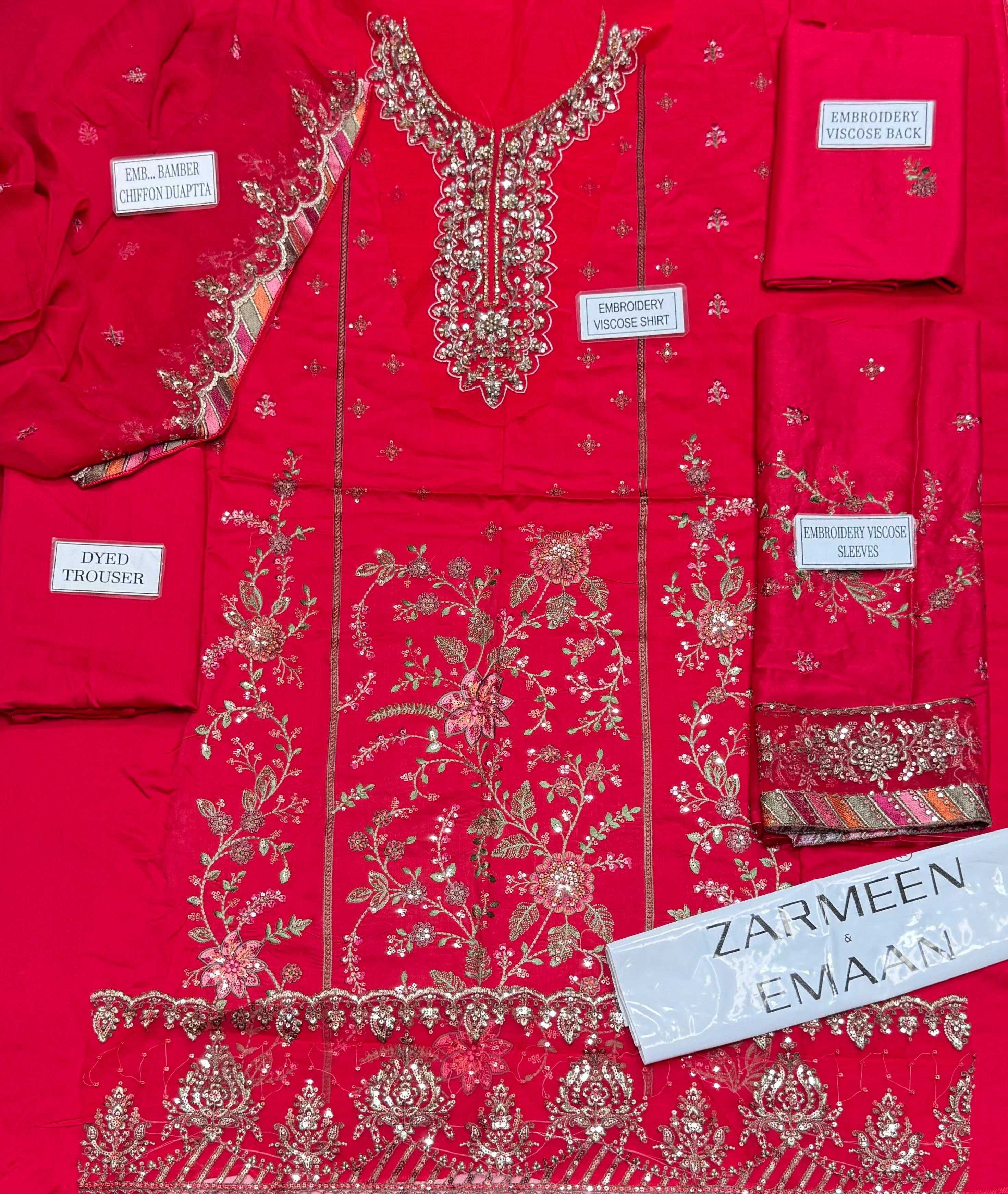 Zarmeen Emaan Luxury Embroidered Collection Shirt Front Back Sleeves Neckline Daman Patch Premium Viscose Trouser Pure Bamber Dupatta thumbnail 2