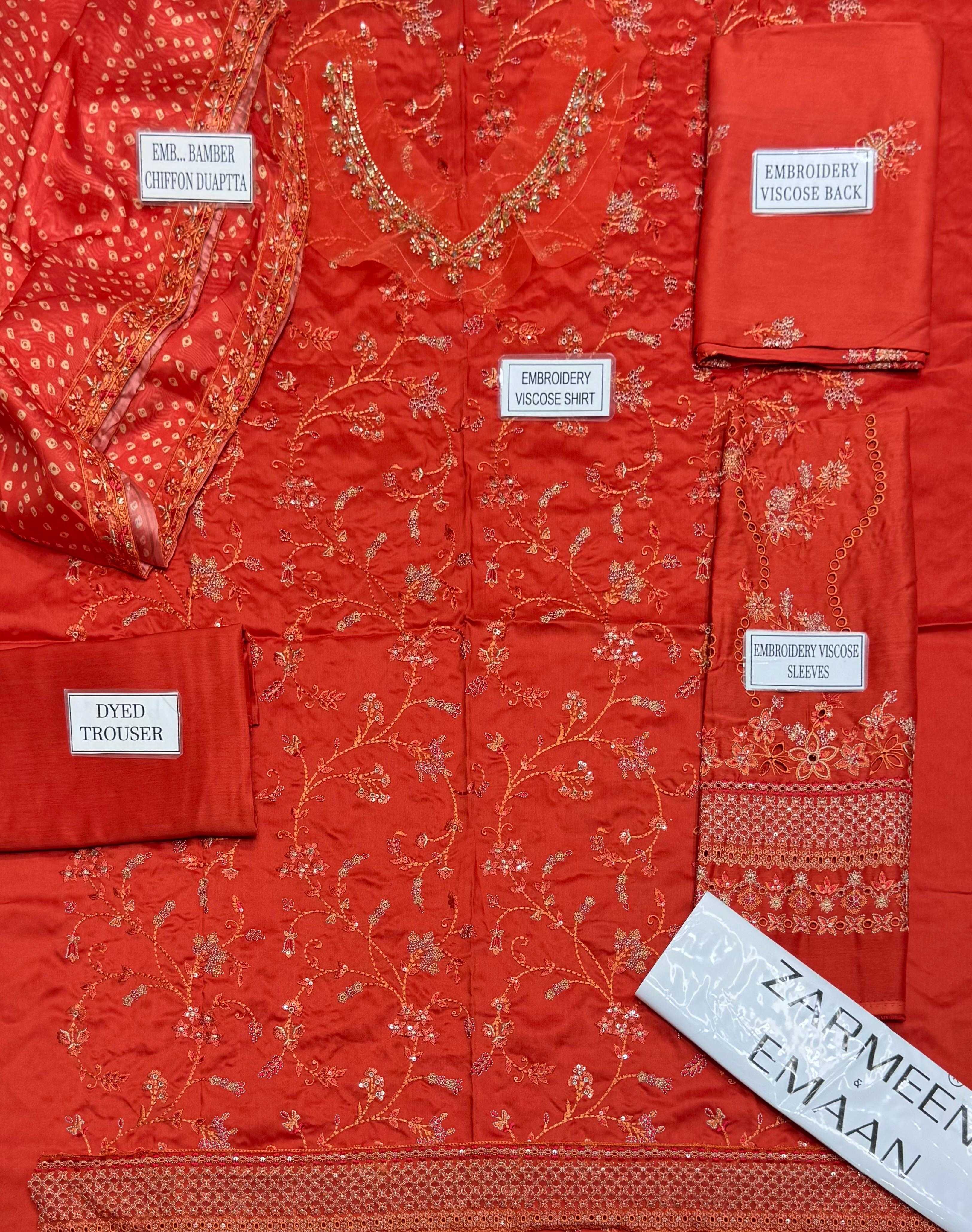 Zarmeen Emaan Fancy Embroidered Shirt Front Back Sleeves Daman Patch Neckline With Premium Viscose Trouser And Printed Embroidered Dupatta thumbnail 3