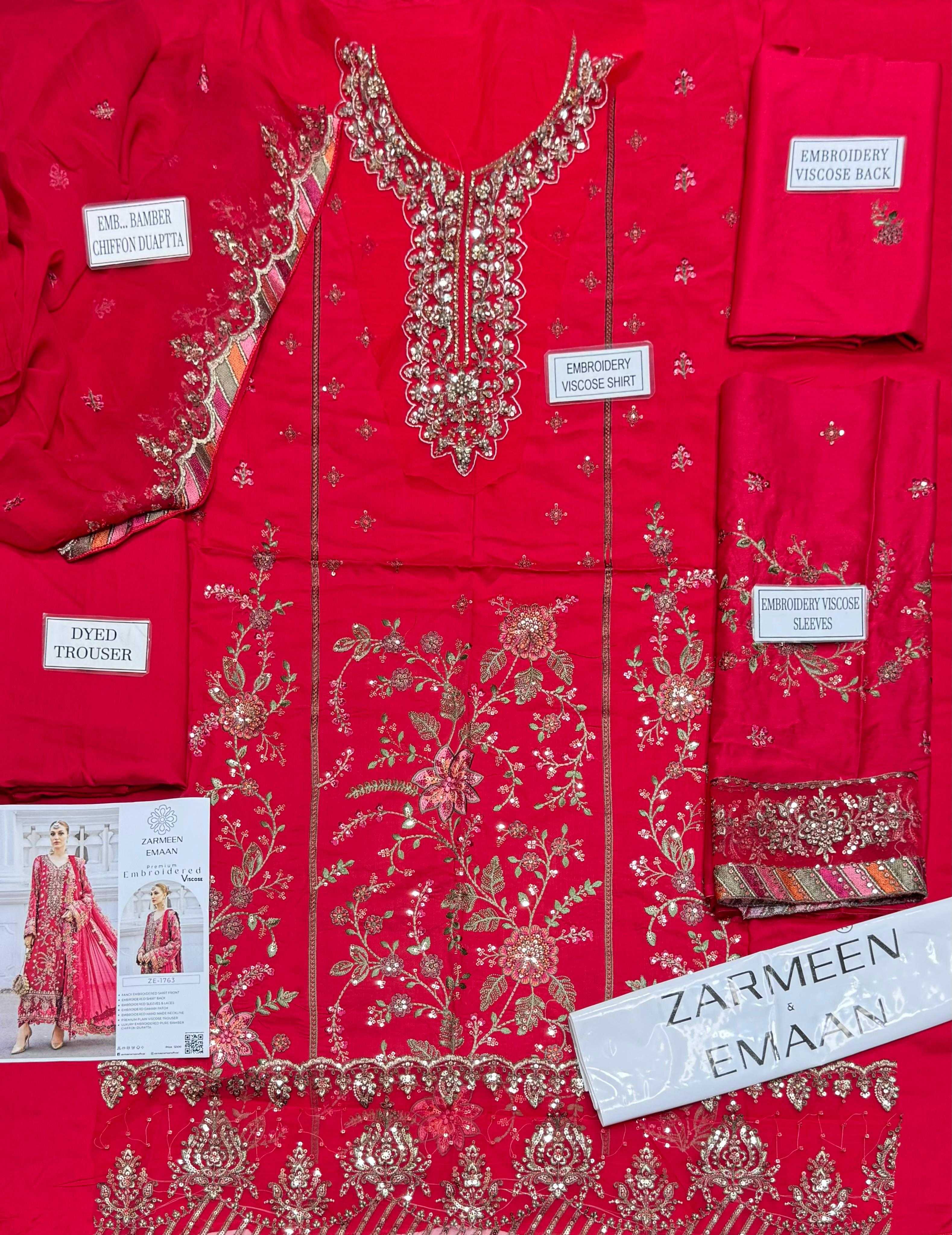 Zarmeen Emaan Luxury Embroidered Collection Shirt Front Back Sleeves Neckline Daman Patch Premium Viscose Trouser Pure Bamber Dupatta