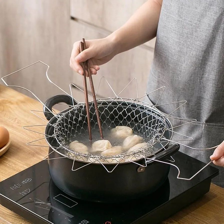 Stainless Steel Foldable Frying Basket - Collapsible Kitchen Chef Basket thumbnail 3
