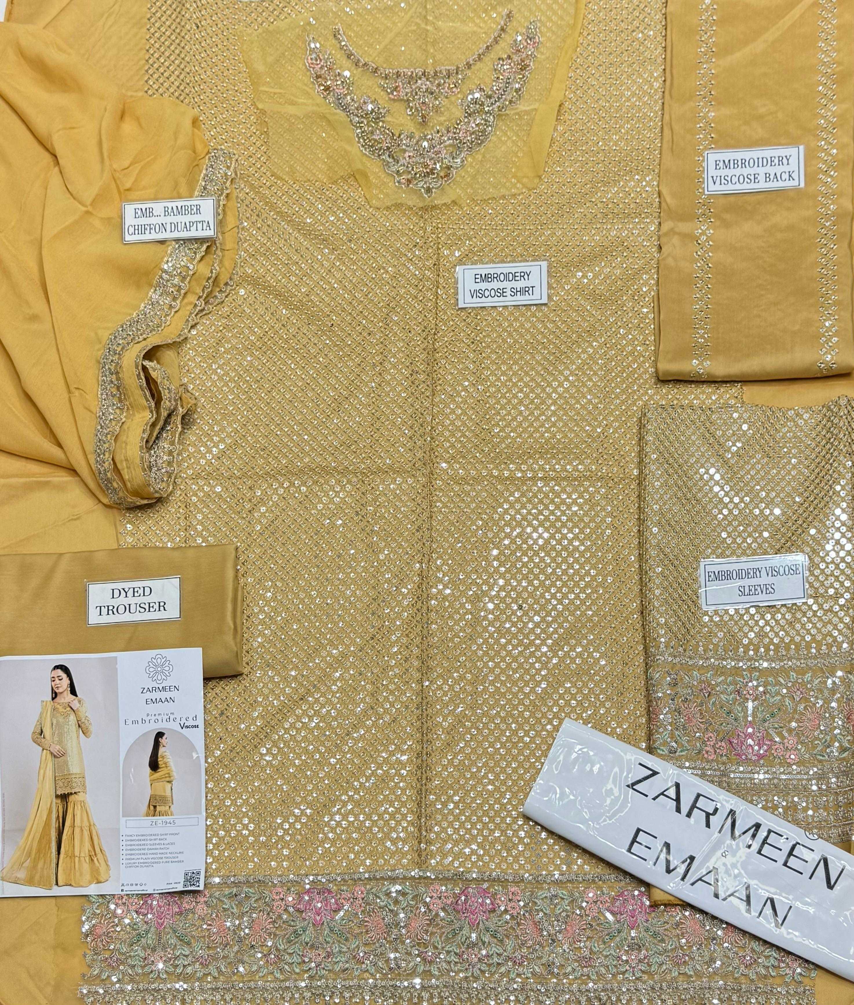 Zarmeen Emaan Artical-945 Fancy Embroidered Shirt Front Back Sleeves Neckline And Daman Patch With Viscose Trouser And Pure Bamber Dupatta thumbnail 2