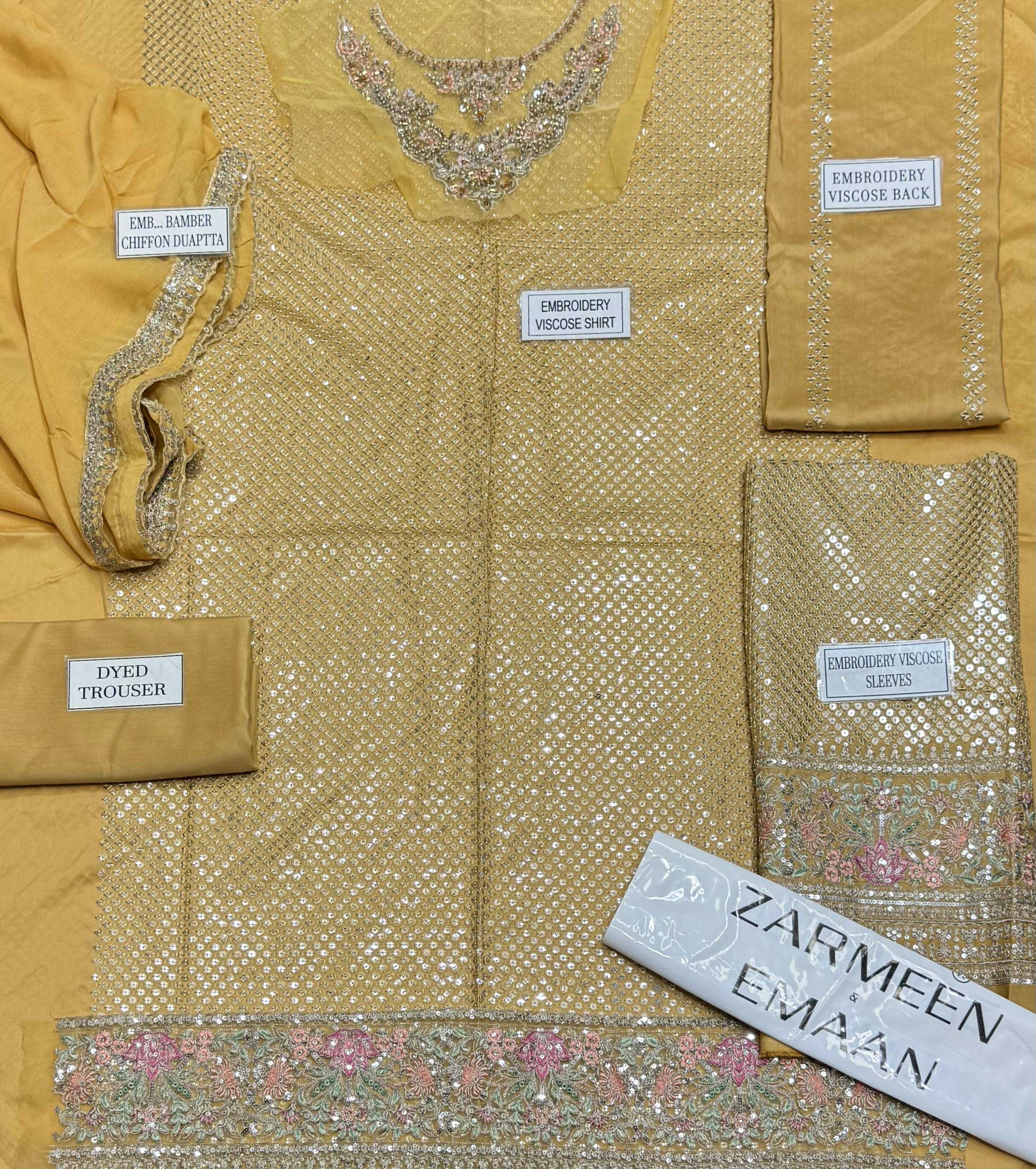 Zarmeen Emaan Artical-945 Fancy Embroidered Shirt Front Back Sleeves Neckline And Daman Patch With Viscose Trouser And Pure Bamber Dupatta thumbnail 3