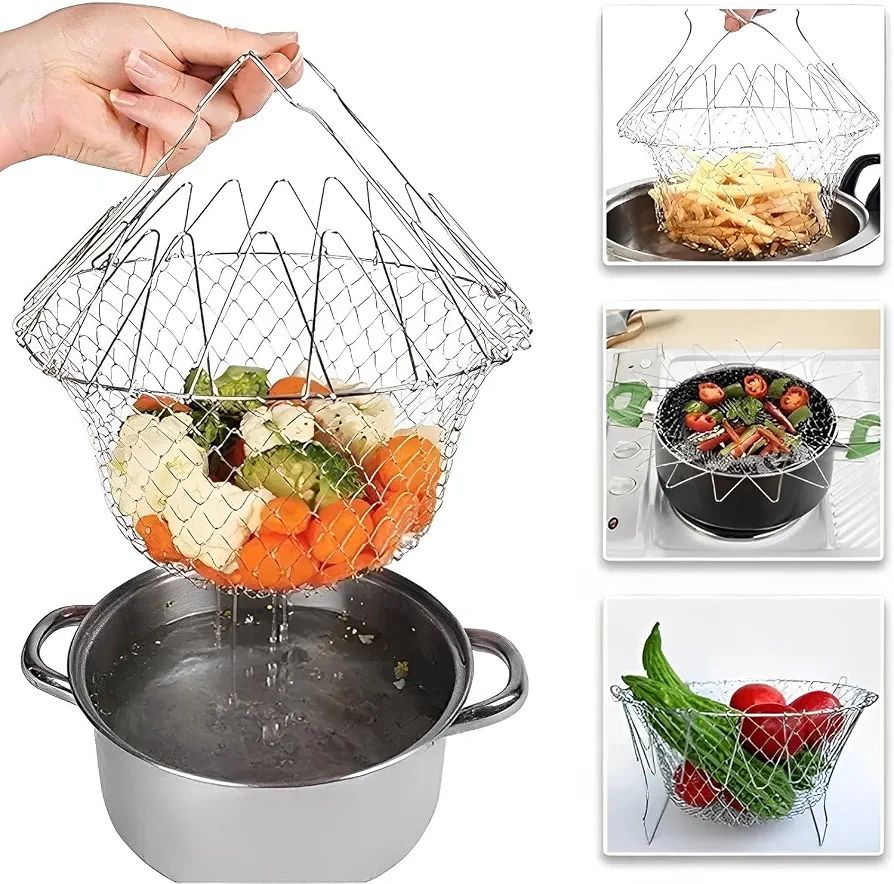 Stainless Steel Foldable Frying Basket - Collapsible Kitchen Chef Basket thumbnail 2