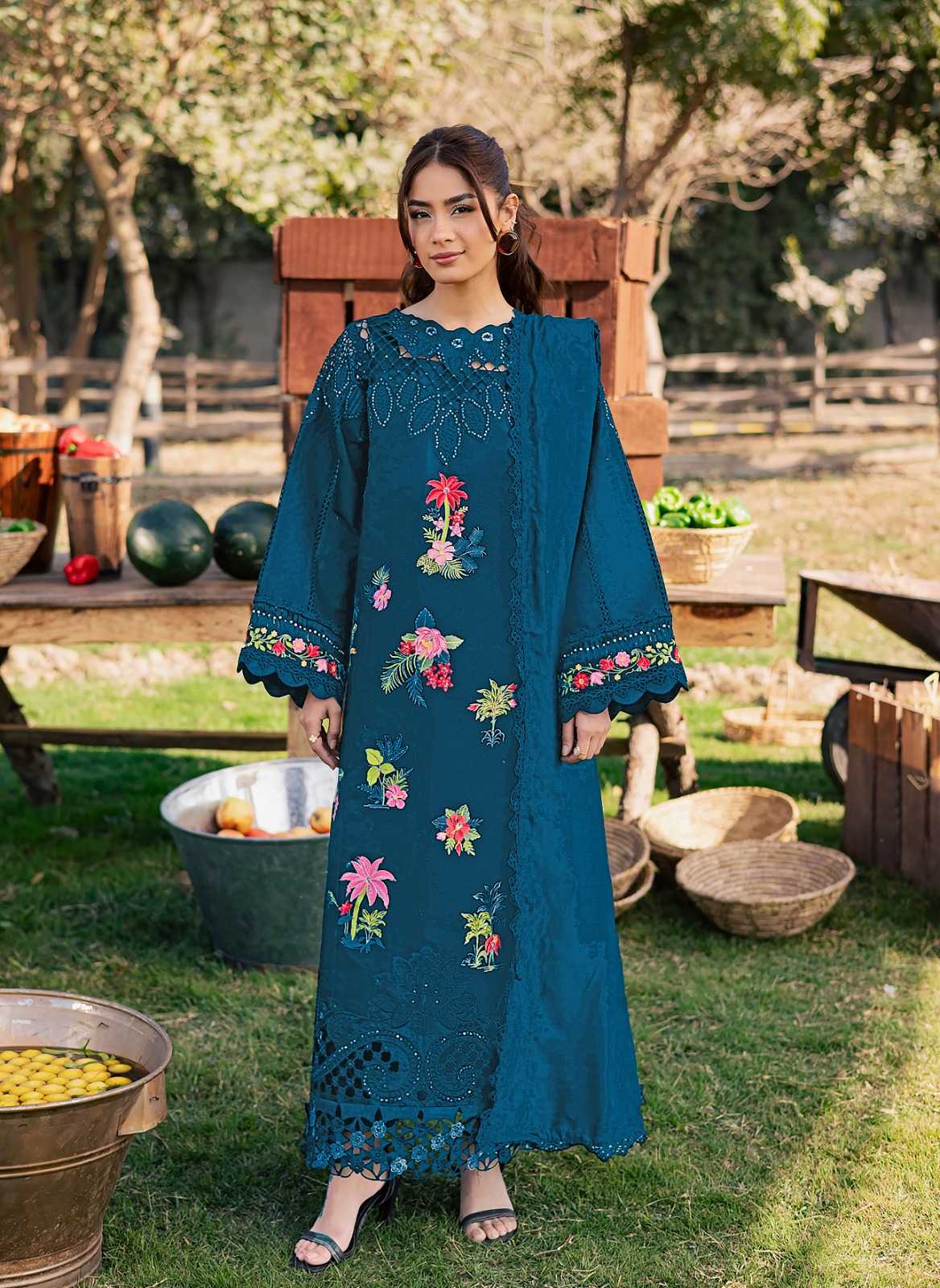 Zarmeen Emaan Luxury Embroidered Shirt Front Back Sleeves Laces Neckline Daman Patch Premium Viscose Trouser Pure Bamber Dupatta