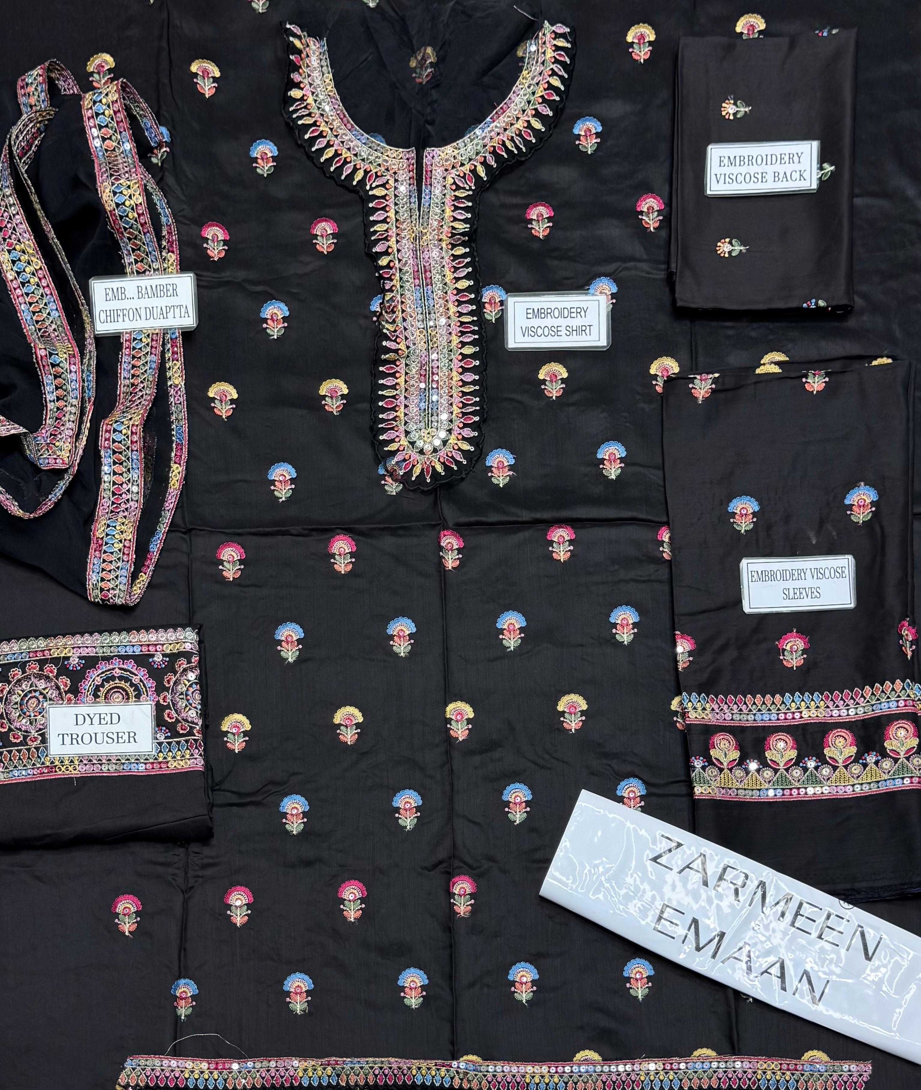 Zarmeen Emaan Artical-950 Fancy Embroidered Shirt Front Back Sleeves Laces Daman Patch Neckline With Premium Viscose Trouser And Pure Bamber Chiffon Dupatta thumbnail 3