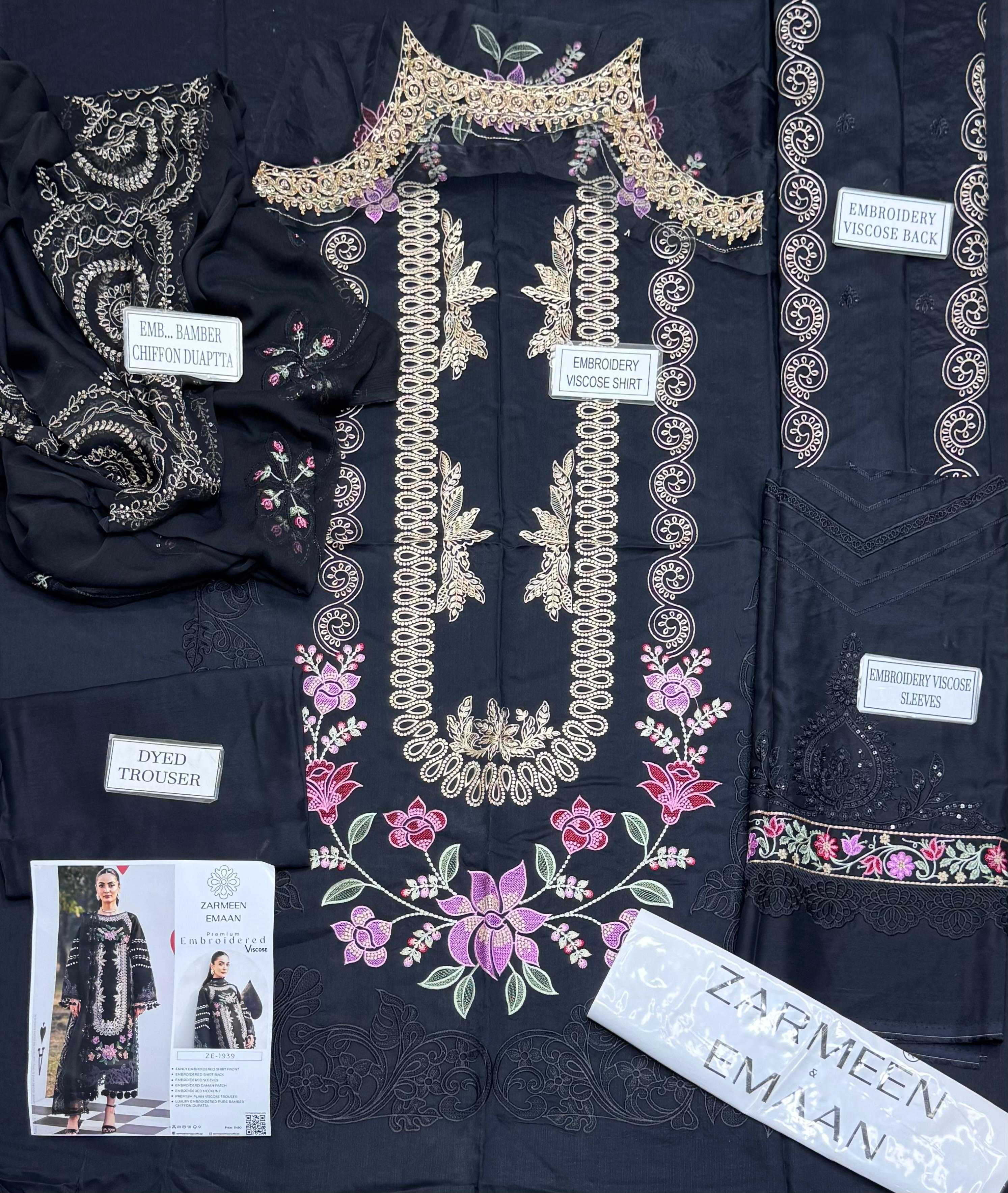 Zarmeen Emaan Artical-939 Fancy Embroidered Shirt Front Back Sleeves Daman Patch Neckline With Premium Viscose Trouser And Pure Bamber Chiffon Dupatta thumbnail 2