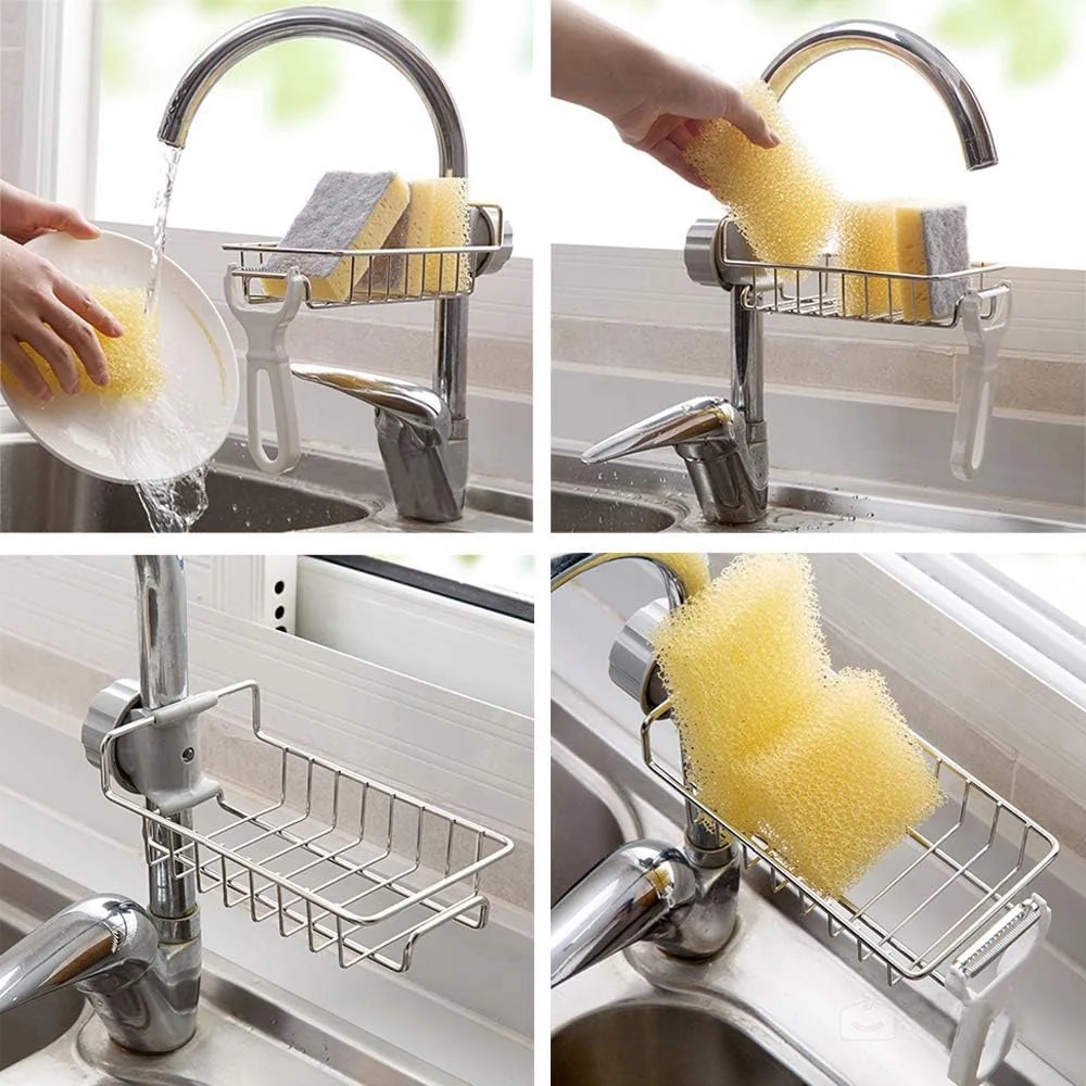Stainless Steel Sink Faucet Organizer | Kitchen Sink Sponge Holder Rack | Kitchen Darin Rack & Soap Holder (Box Packing) thumbnail 2