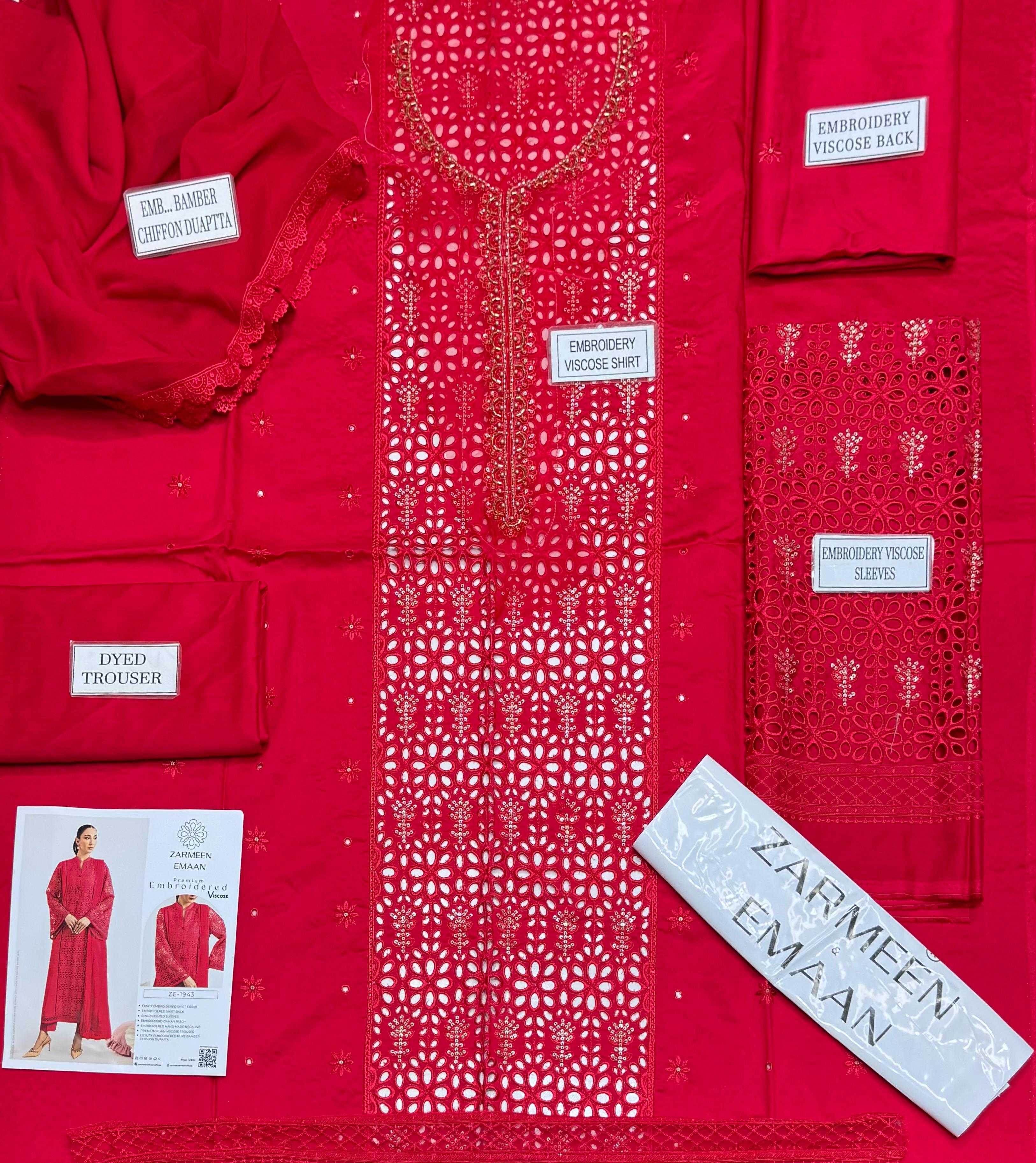 Zarmeen Emaan Fancy Embroidered Shirt Front Back Sleeves Daman Patch Handmade Neckline With Premium Viscose Trouser And Pure Bamber Chiffon Dupatta thumbnail 2