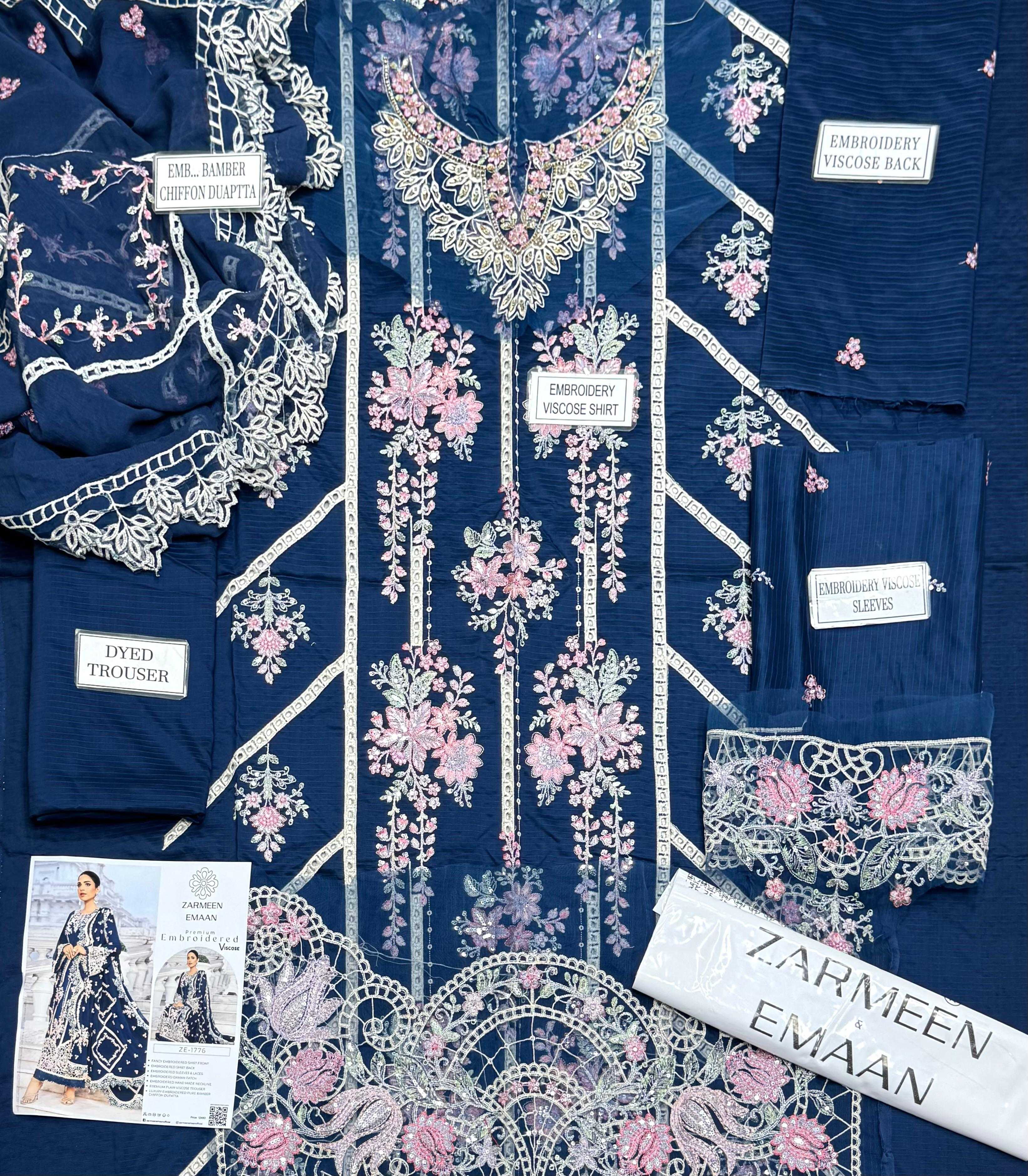 Zarmeen Emaan Luxury Embroidered Shirt Front Back Sleeves Laces Neckline Daman Patch Premium Viscose Trouser Pure Bamber Dupatta thumbnail 2