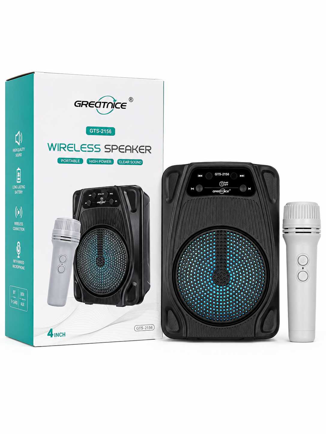 GREATNICE 4" Portable Wireless Karaoke Speaker with Wired Microphone - Bluetooth, USB, TF Card Supported Heavy Bass Outdoor Sound Box thumbnail 2