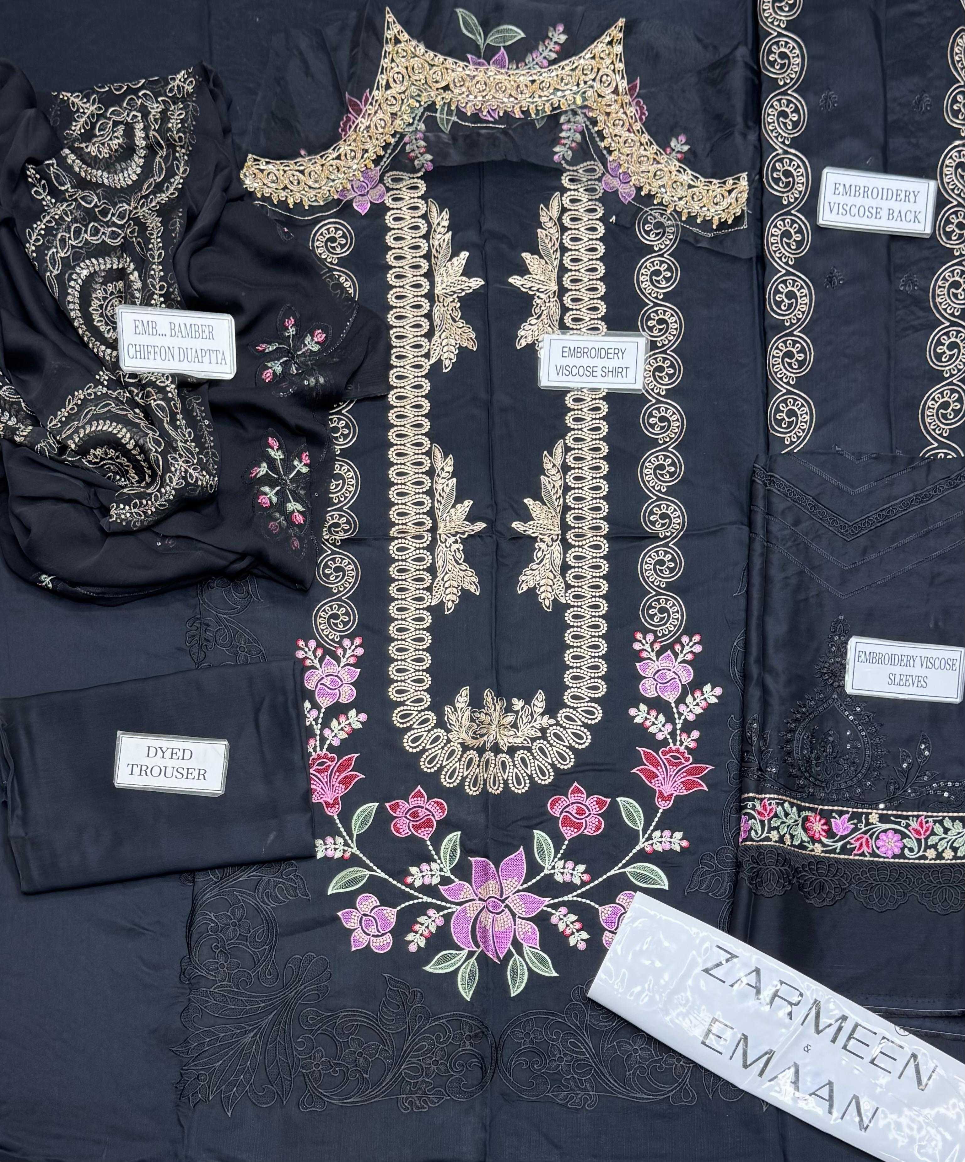 Zarmeen Emaan Artical-939 Fancy Embroidered Shirt Front Back Sleeves Daman Patch Neckline With Premium Viscose Trouser And Pure Bamber Chiffon Dupatta thumbnail 3