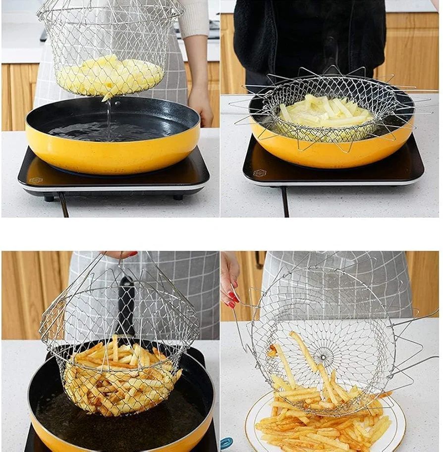 Stainless Steel Foldable Frying Basket - Collapsible Kitchen Chef Basket thumbnail 4