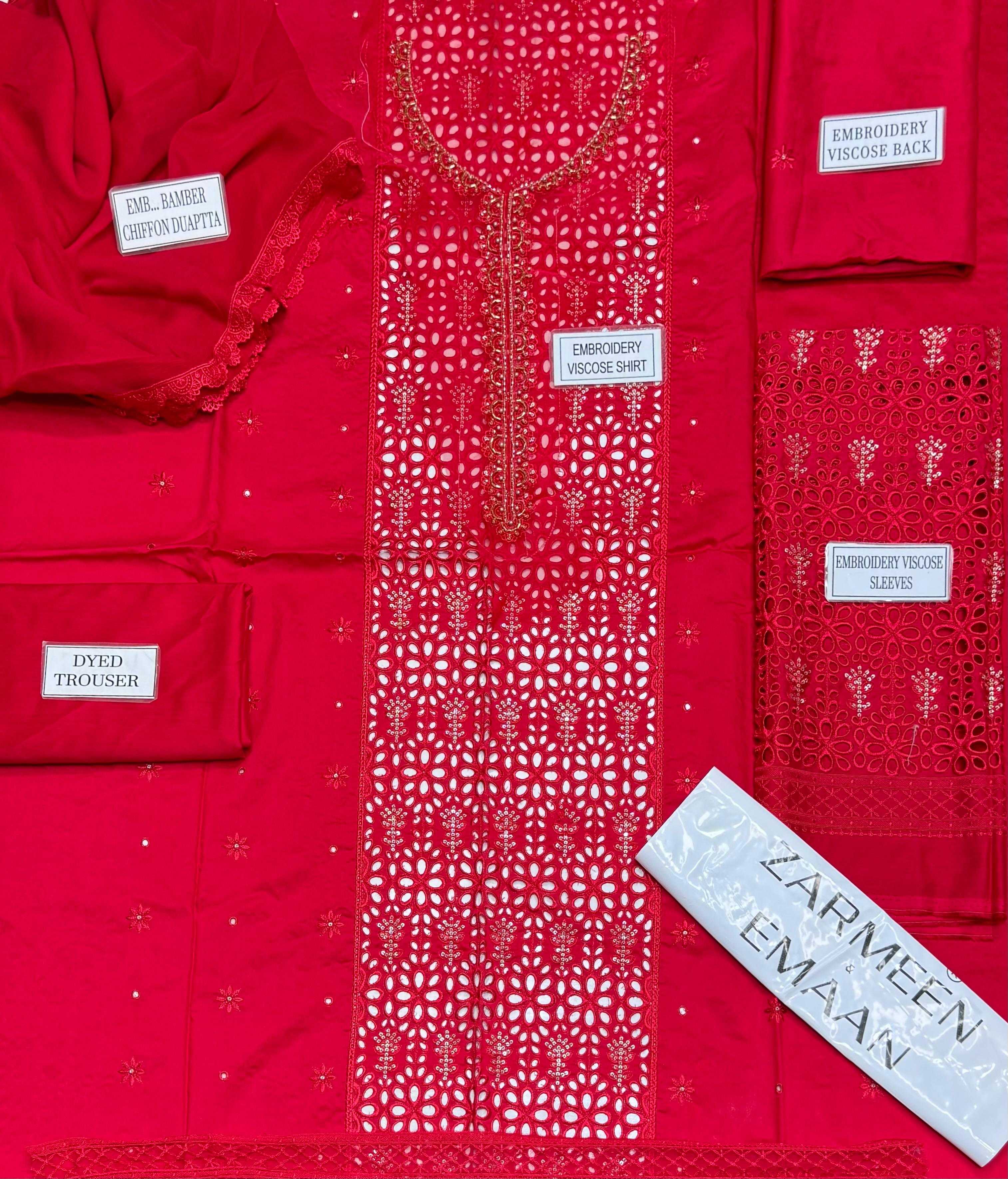 Zarmeen Emaan Fancy Embroidered Shirt Front Back Sleeves Daman Patch Handmade Neckline With Premium Viscose Trouser And Pure Bamber Chiffon Dupatta thumbnail 3