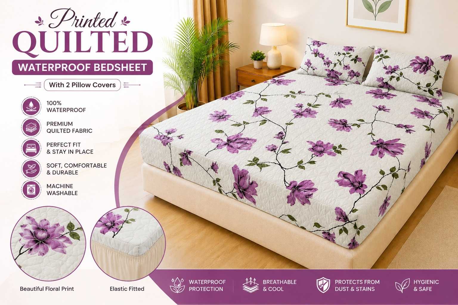 Printed Fancy Quilted Waterproof Fitted Mattress Protector Set with 2 Pillow Covers - King Size view 2