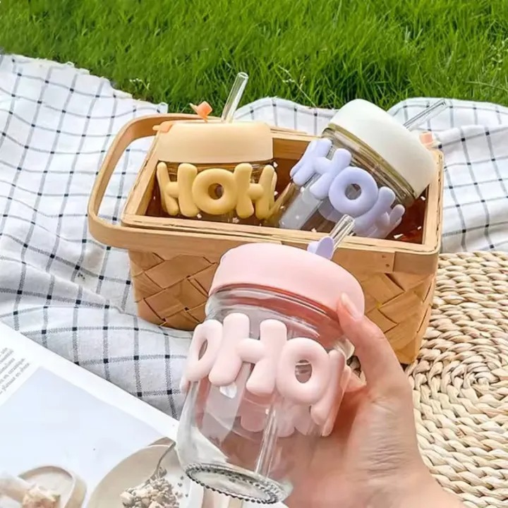 Trendy Pearl Handle Glass Water Bottle with Straw (Random Color) thumbnail 2