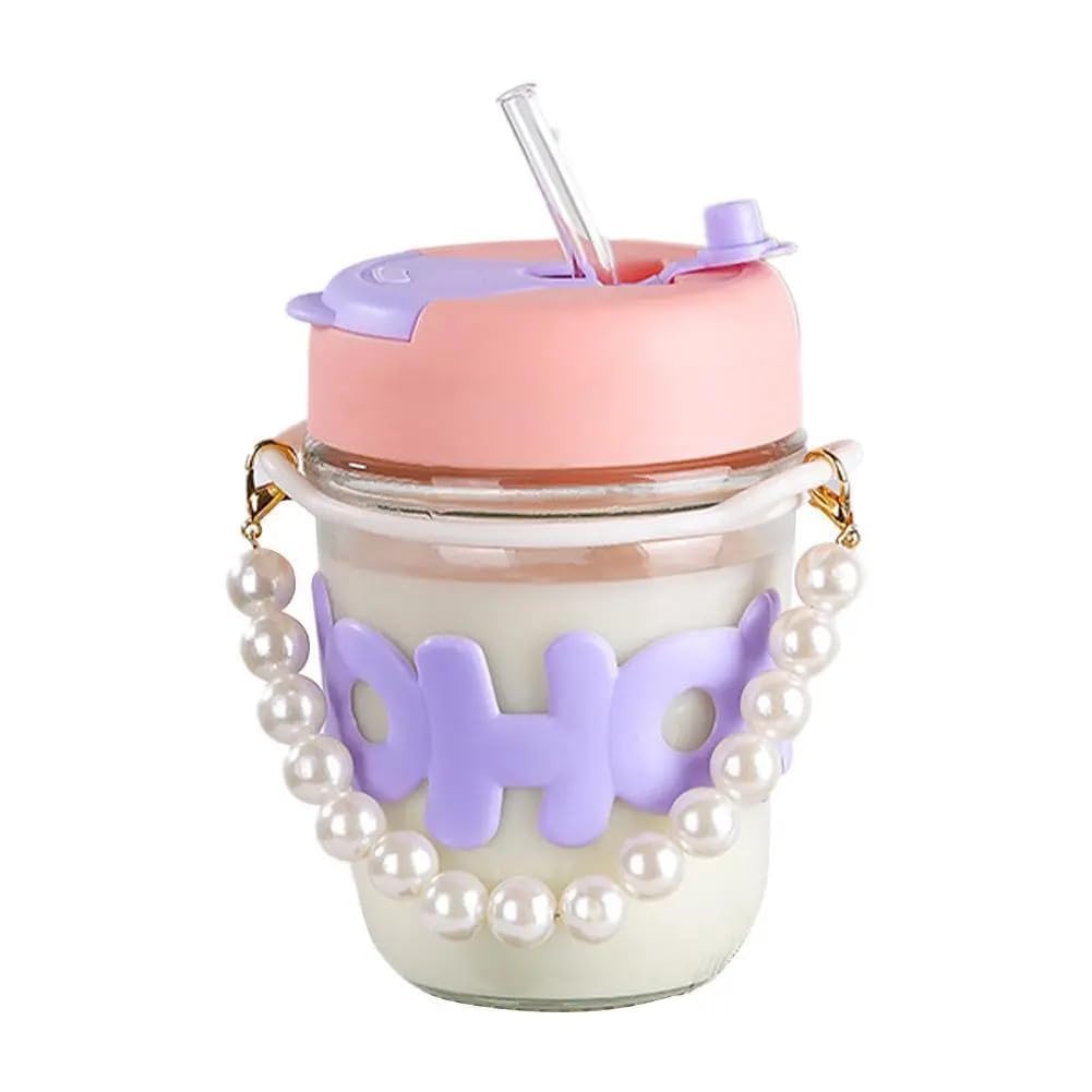 Trendy Pearl Handle Glass Water Bottle with Straw (Random Color) thumbnail 4