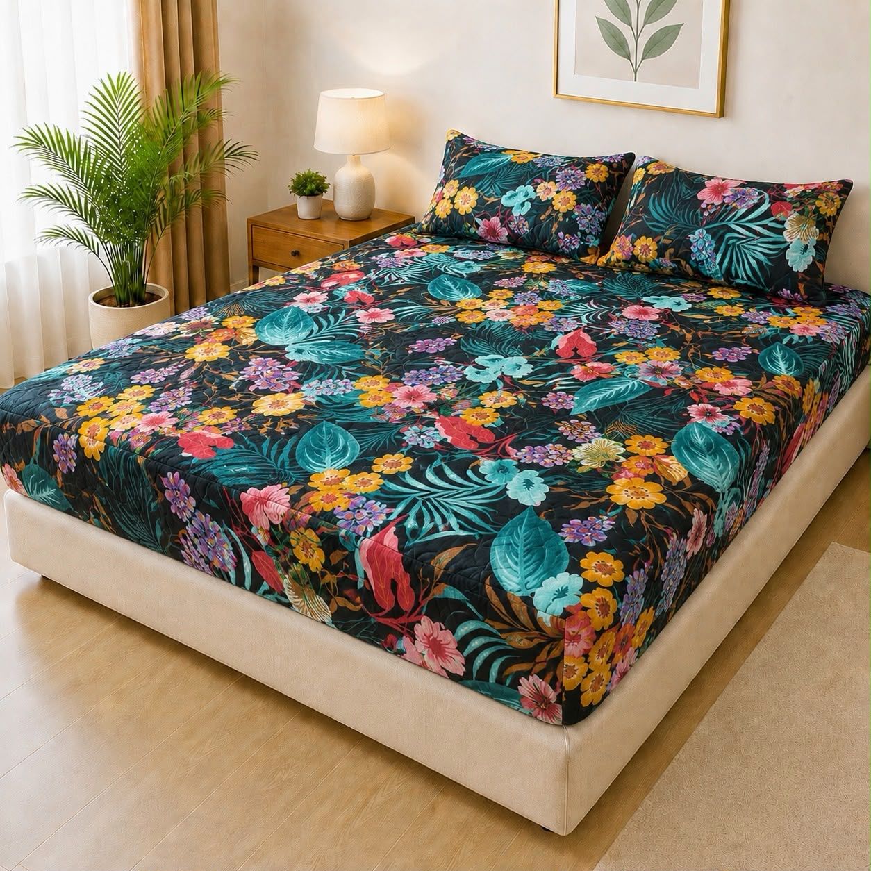 Printed Fancy Quilted Waterproof Fitted Mattress Protector Set with 2 Pillow Covers - King Size view 3