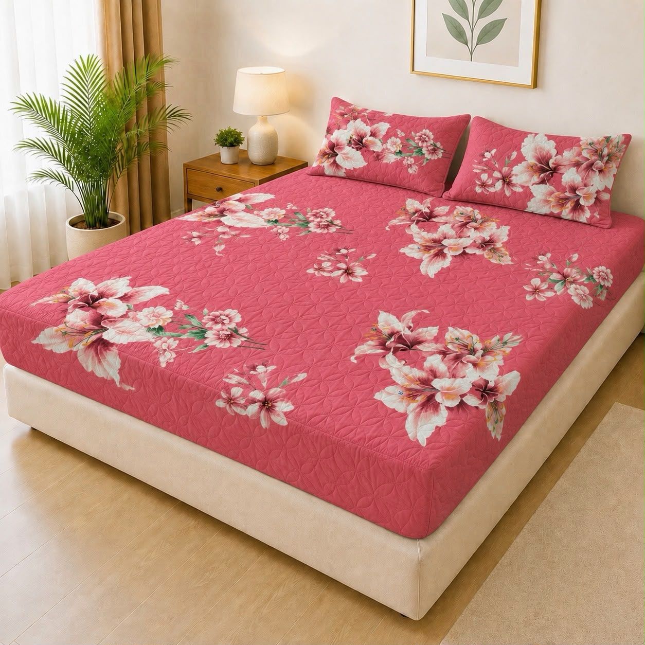 Printed Fancy Quilted Waterproof Fitted Mattress Protector Set with 2 Pillow Covers - King Size