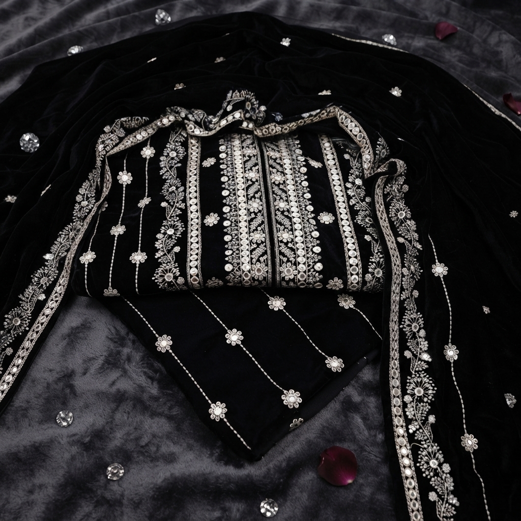 Premium Velvet Unstitched Suit Intricate Embroidery Soft Comfortable Fabric Includes Shirt Trouser Dupatta Perfect For Winter And Formal Wear