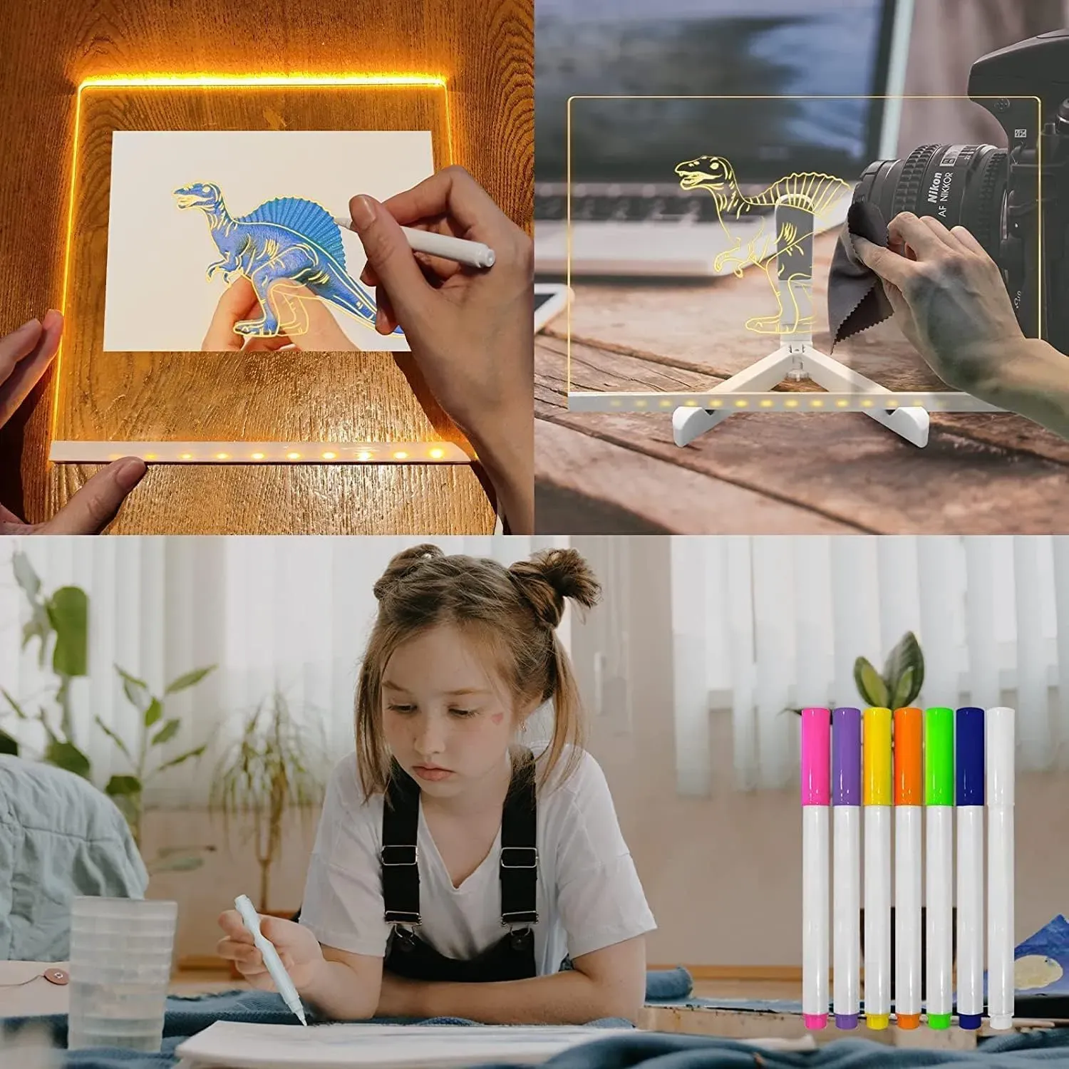 LED Light-up Acrylic Dry Erase Board with Markers | Colorful DIY Notes & Erasable Neon Pens 15x15 Cm view 4