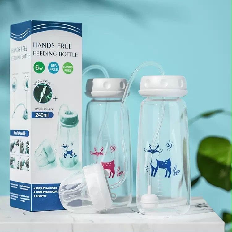 Hands-Free Baby Feeding Bottle 240ml – Anti-Colic Nursing System with Silicone Straw & Soft Nipple view 3