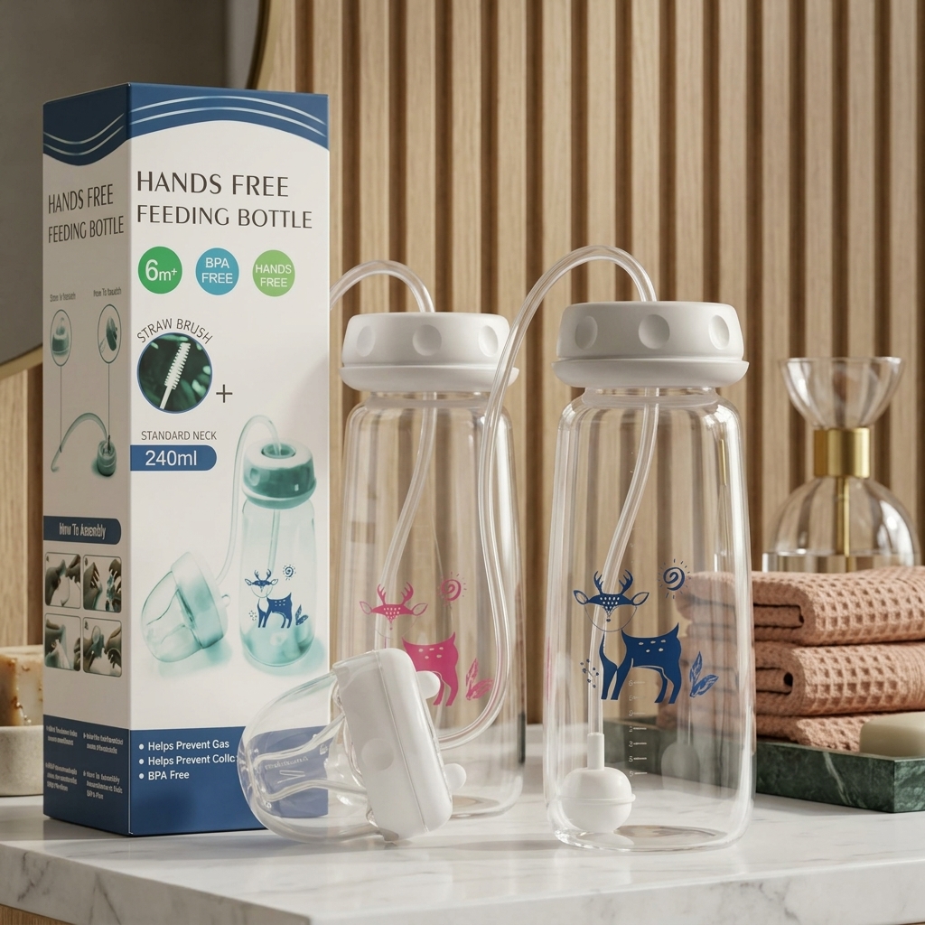 Hands-Free Baby Feeding Bottle 240ml – Anti-Colic Nursing System with Silicone Straw & Soft Nipple view 2