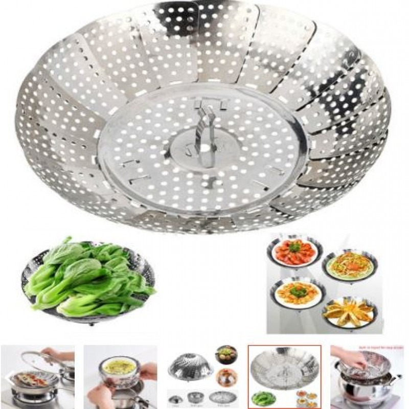 Multifunctional Stainless Cooking Steamer Foldable Kitchen Steamer Plate Anti-Scald Steamer Basket Deep Fryer Pot Strainer