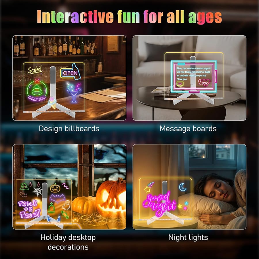 LED Light-up Acrylic Dry Erase Board with Markers | Colorful DIY Notes & Erasable Neon Pens 15x15 Cm view 3
