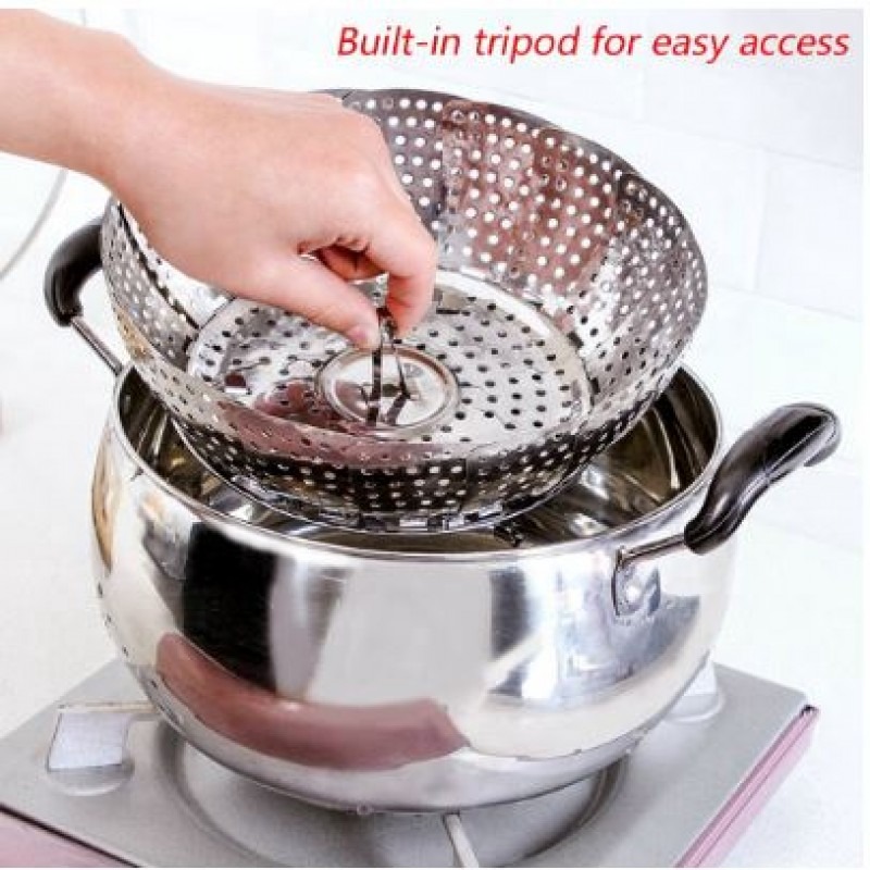 Multifunctional Stainless Cooking Steamer Foldable Kitchen Steamer Plate Anti-Scald Steamer Basket Deep Fryer Pot Strainer view 2