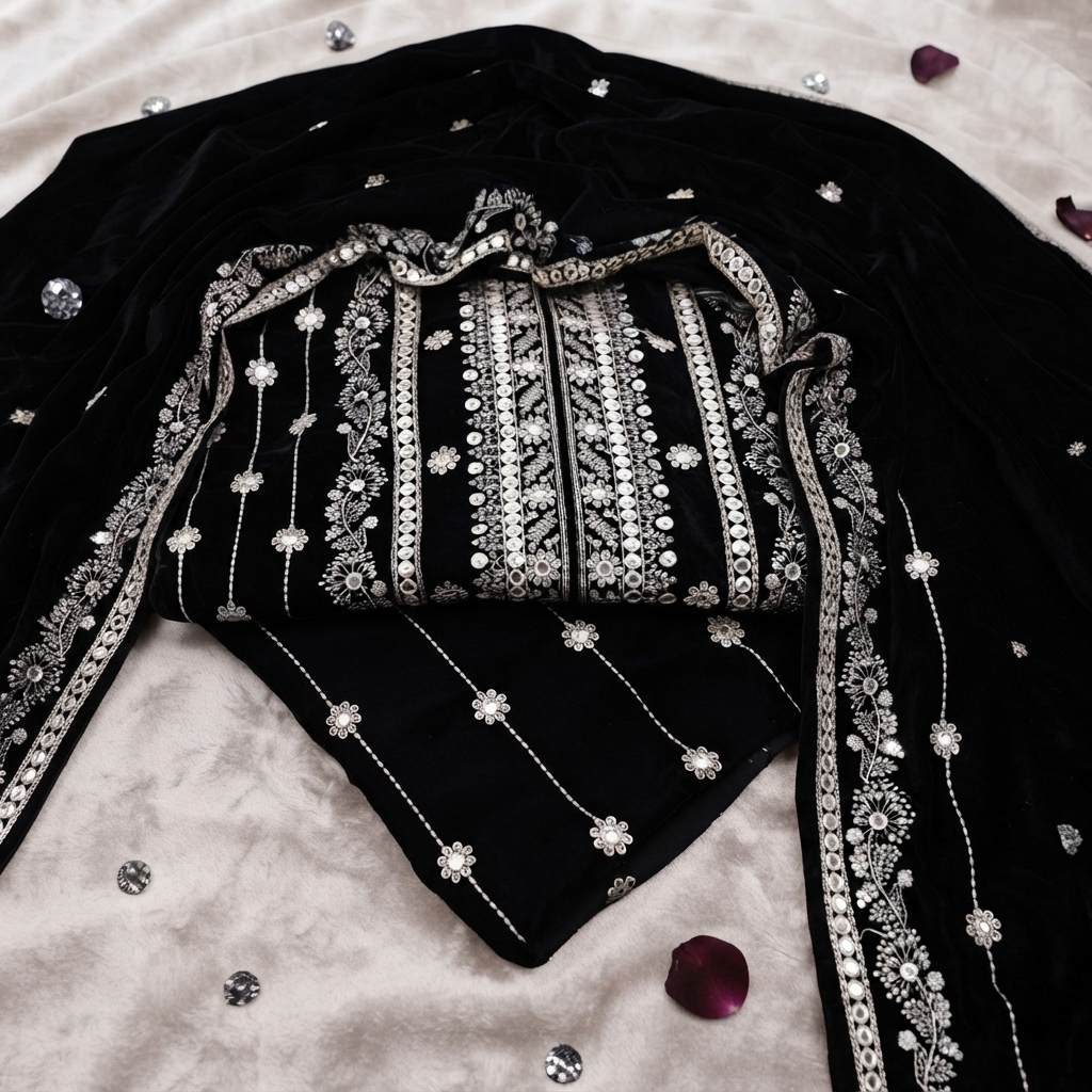 Premium Velvet Unstitched Suit Intricate Embroidery Soft Comfortable Fabric Includes Shirt Trouser Dupatta Perfect For Winter And Formal Wear view 2