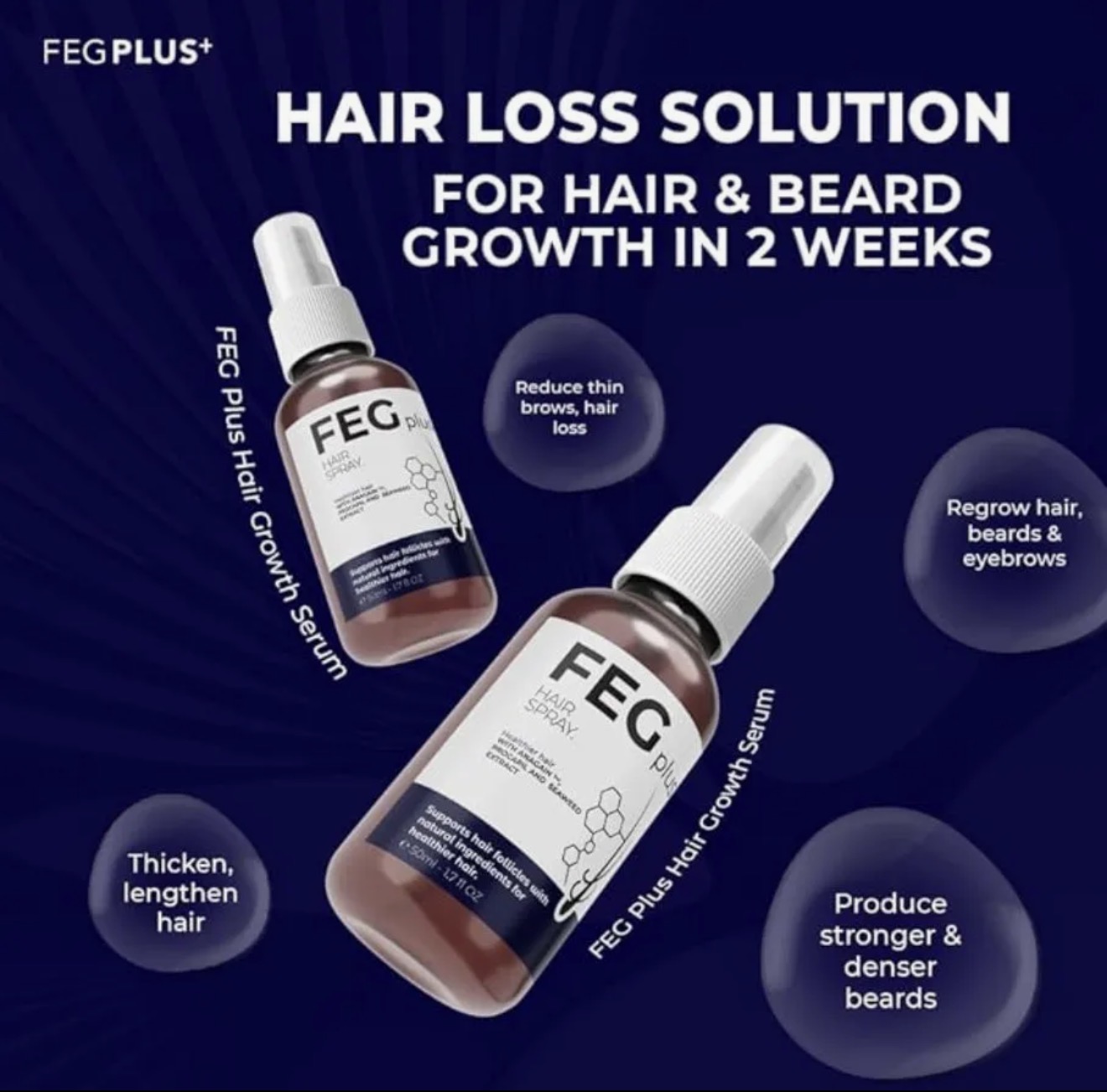 FEG PLUS Hair & Beard Growth Serum Spray 50ml | Seaweed Extract, Rosemary, Redensyl, Anagain & Minoxidil | Anti Hair Loss, Regrowth Treatment